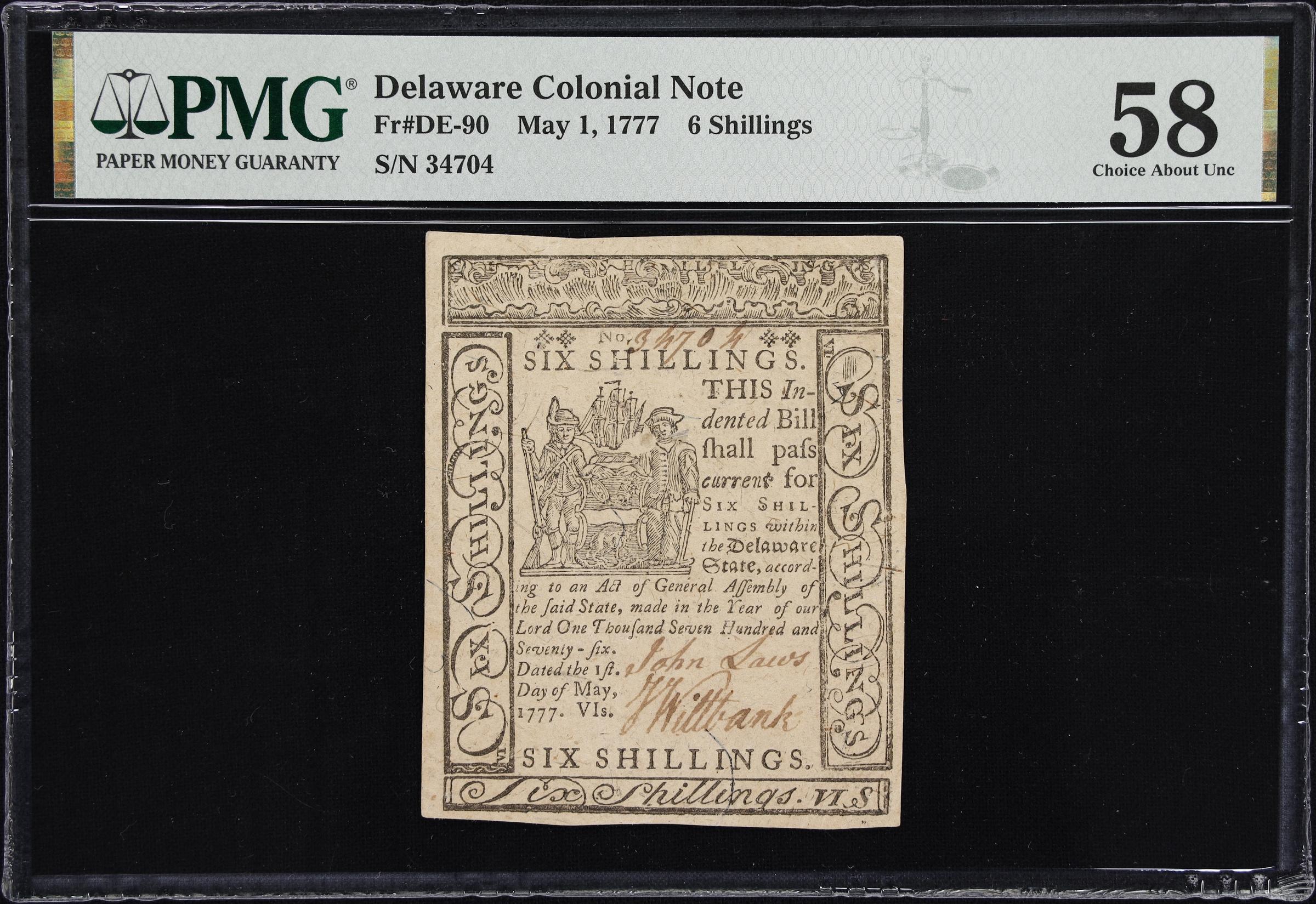 image for: DE-90. Delaware. May 1, 1777. 6 Shillings. PMG Choice About Uncirculated 58.
