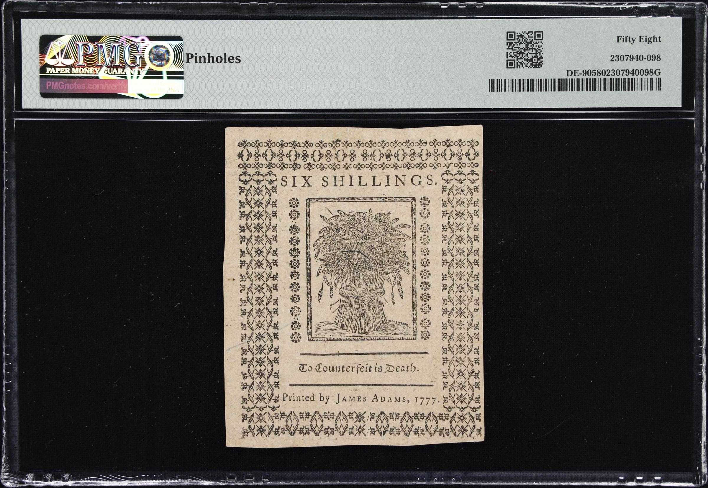 image for: DE-90. Delaware. May 1, 1777. 6 Shillings. PMG Choice About Uncirculated 58.