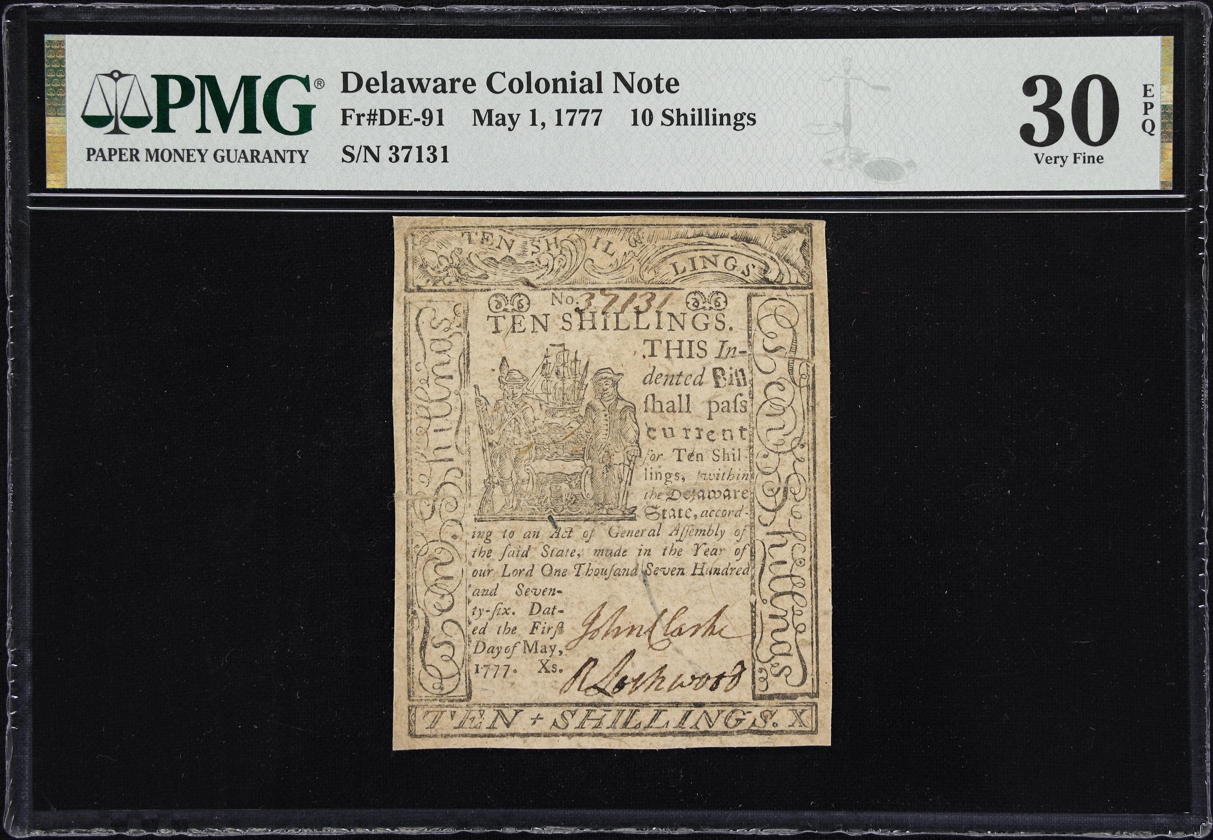 image for: DE-91. Delaware. May 1, 1777. 10 Shillings. PMG Very Fine 30 EPQ.