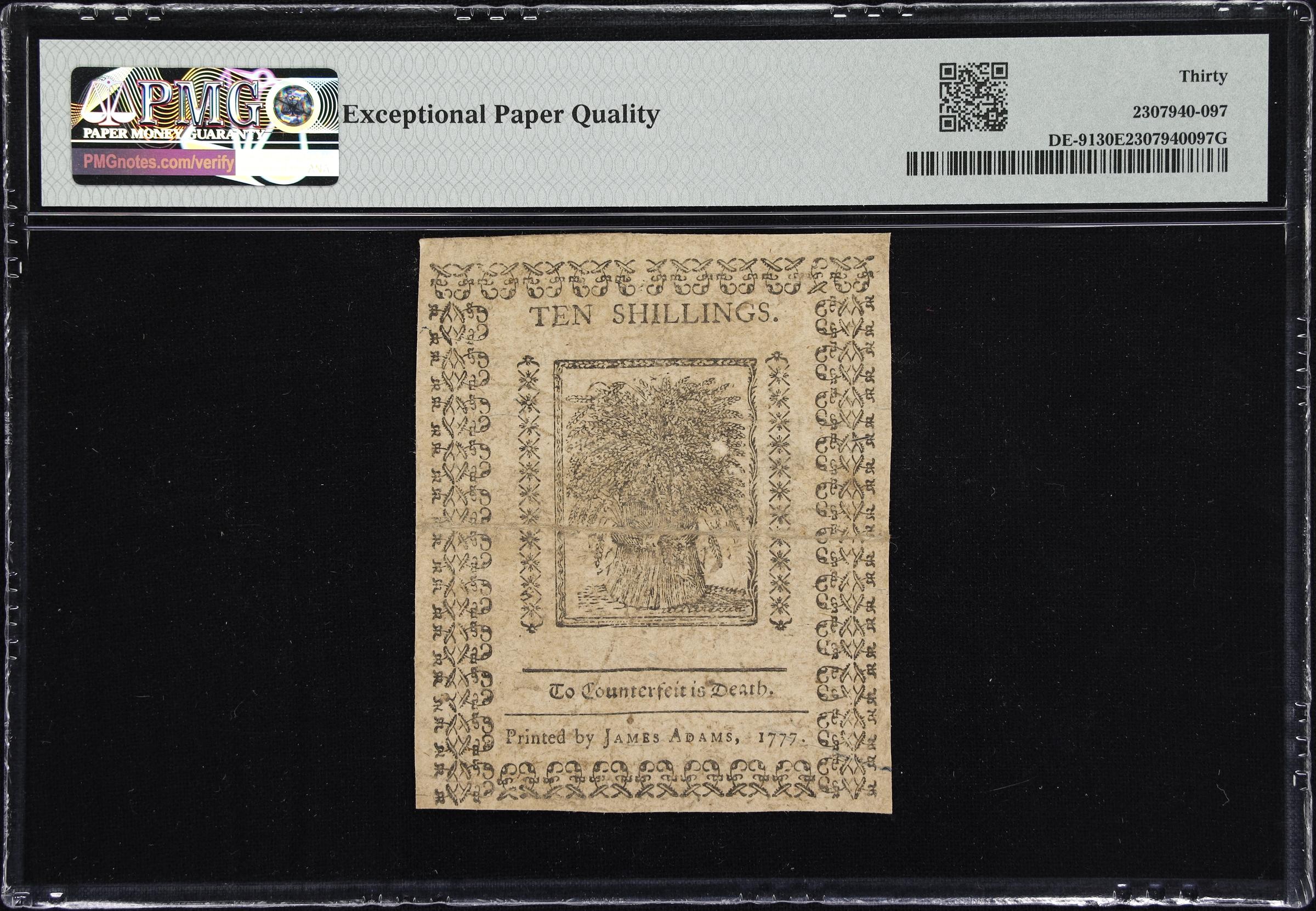 image for: DE-91. Delaware. May 1, 1777. 10 Shillings. PMG Very Fine 30 EPQ.