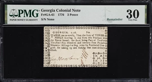 image for: GA-61. Georgia. 1776. 3 Pence. PMG Very Fine 30. Remainder.