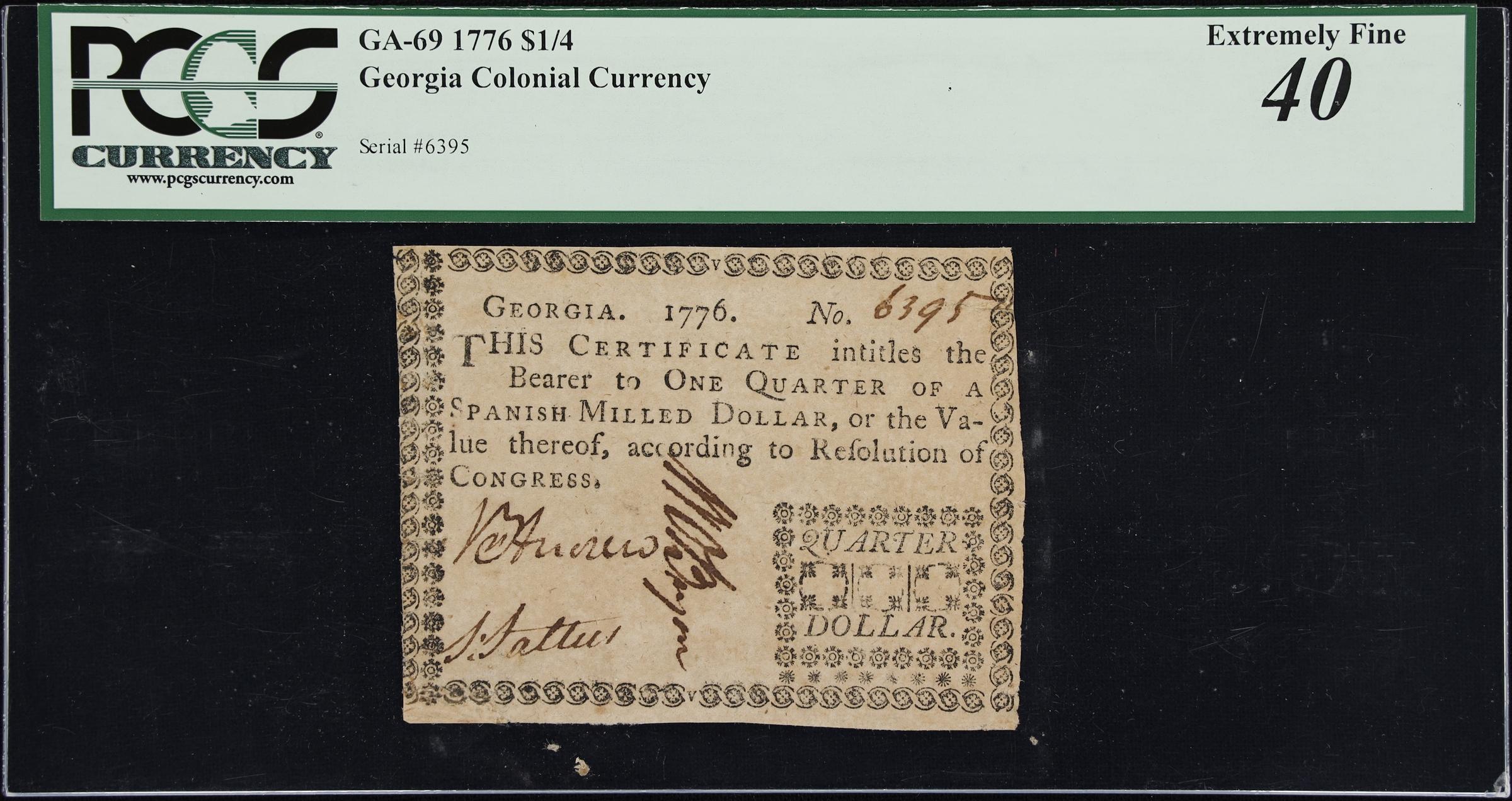 image for: GA-69. Georgia. 1776. $1/4. PCGS Currency Extremely Fine 40.