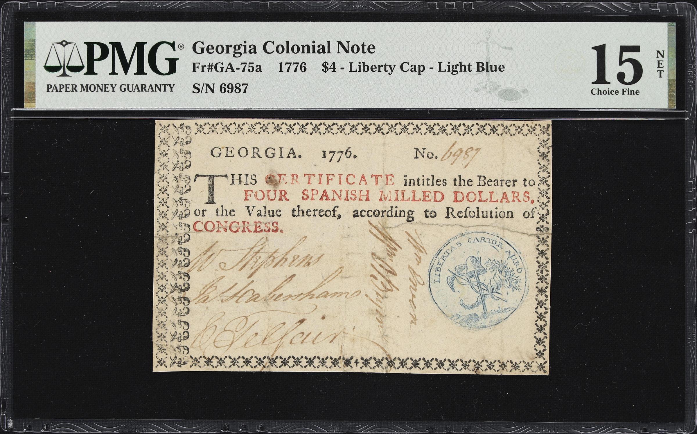 image for: GA-75a. Georgia. 1776. $4. PMG Choice Fine 15 Net. Repaired.