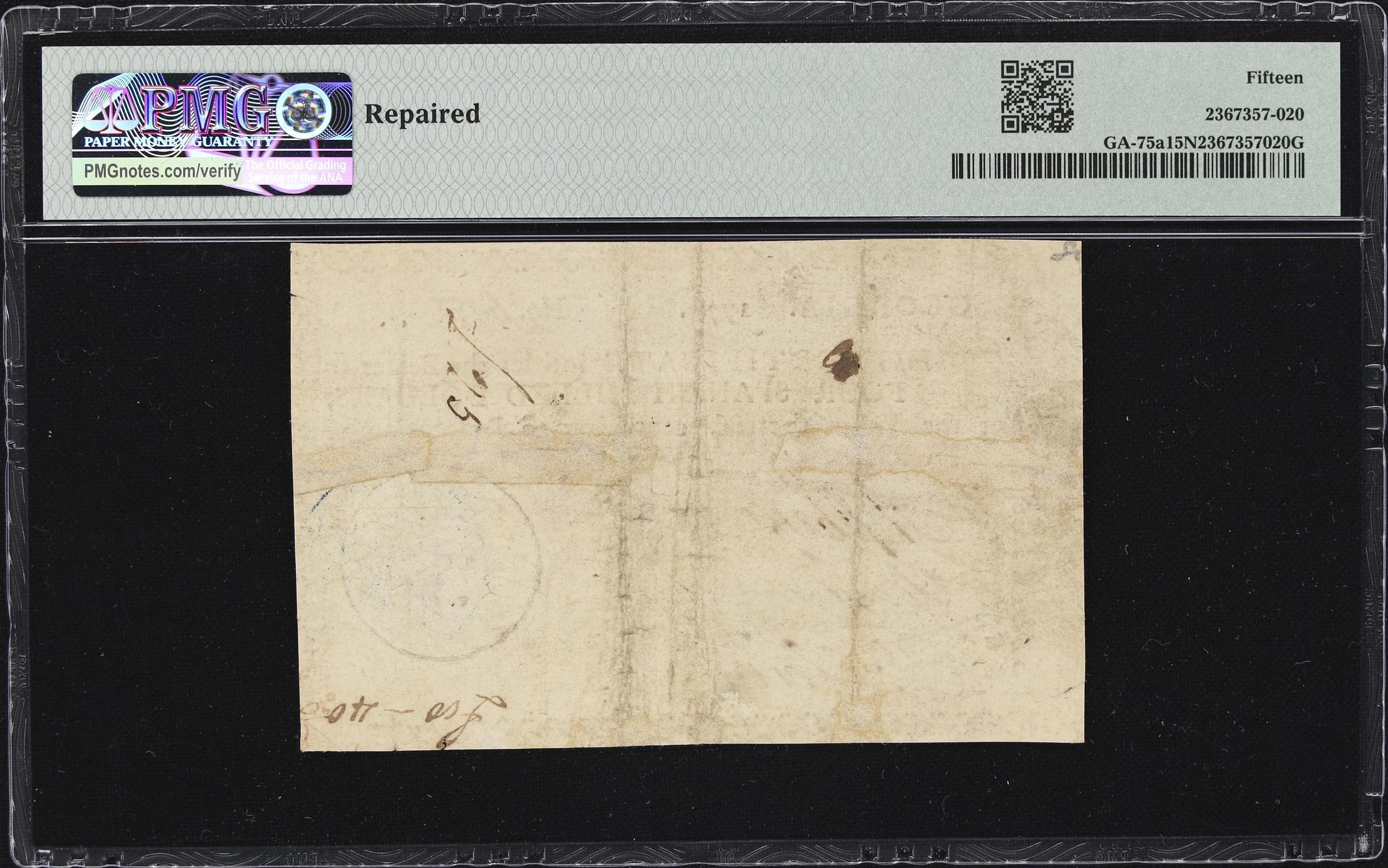 image for: GA-75a. Georgia. 1776. $4. PMG Choice Fine 15 Net. Repaired.