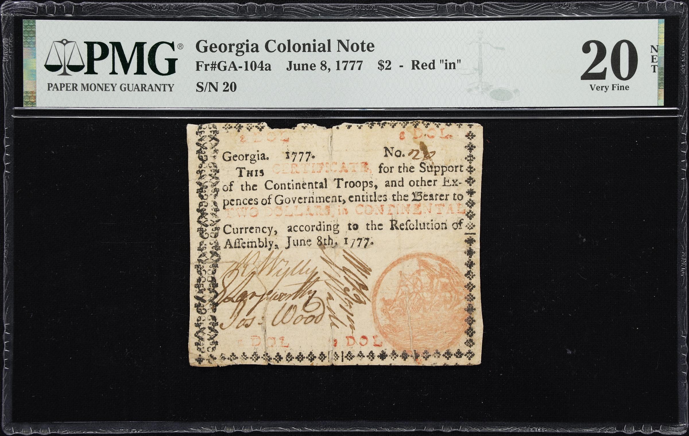 image for: GA-104a. Georgia. June 8, 1777. $2. PMG Very Fine 20 Net. Tape Repair, Tears.