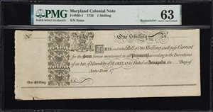 image for: MD-1. Maryland. 1733. 1 Shilling. PMG Choice Uncirculated 63. Remainder.