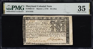image for: MD-57. Maryland. March 1, 1770. $4. PMG Choice Very Fine 35.