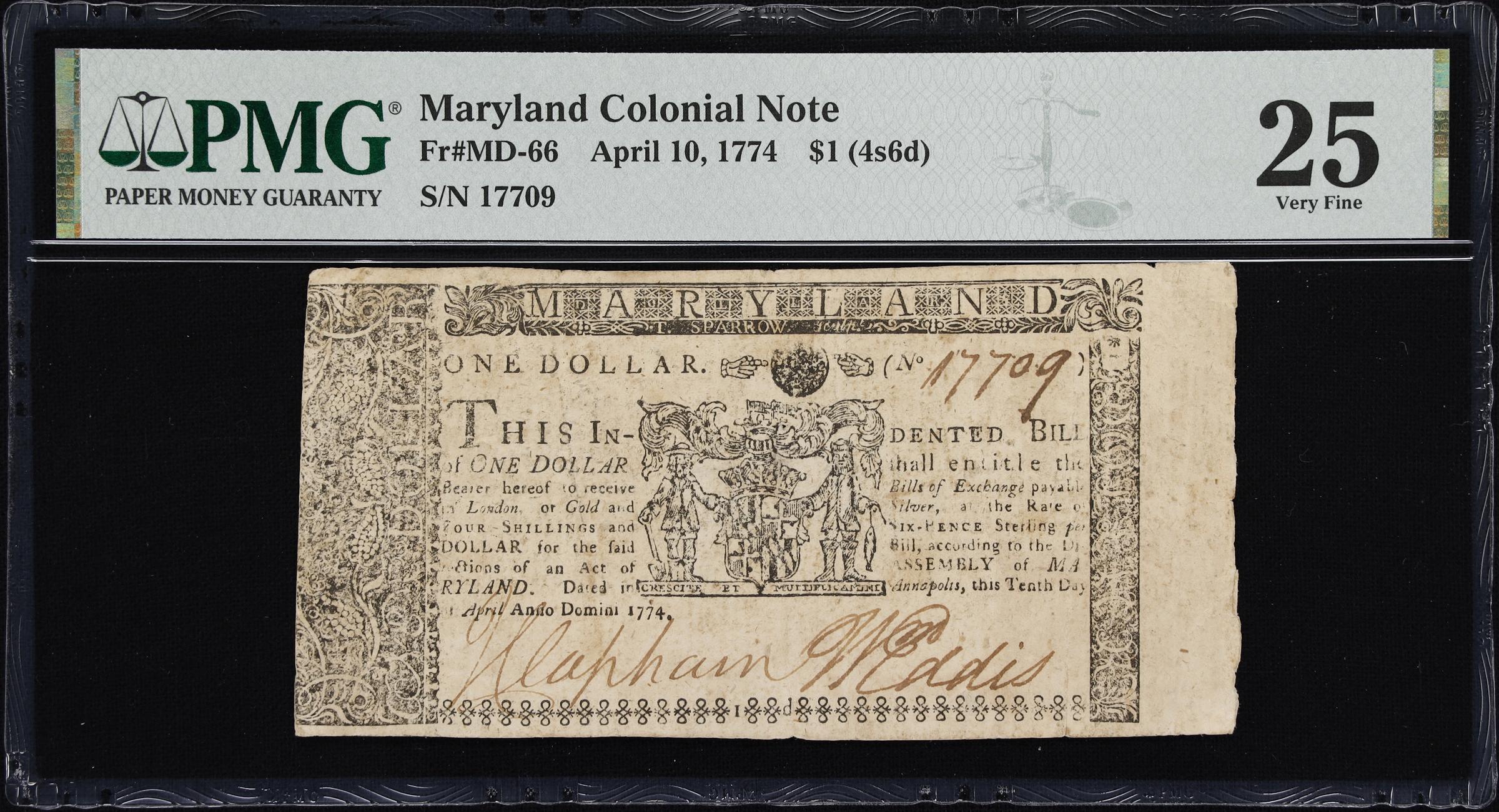 image for: MD-66. Maryland. April 10, 1774. $1. PMG Very Fine 25.