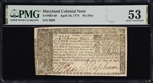 image for: MD-68. Maryland. April 10, 1774. $4. PMG About Uncirculated 53.