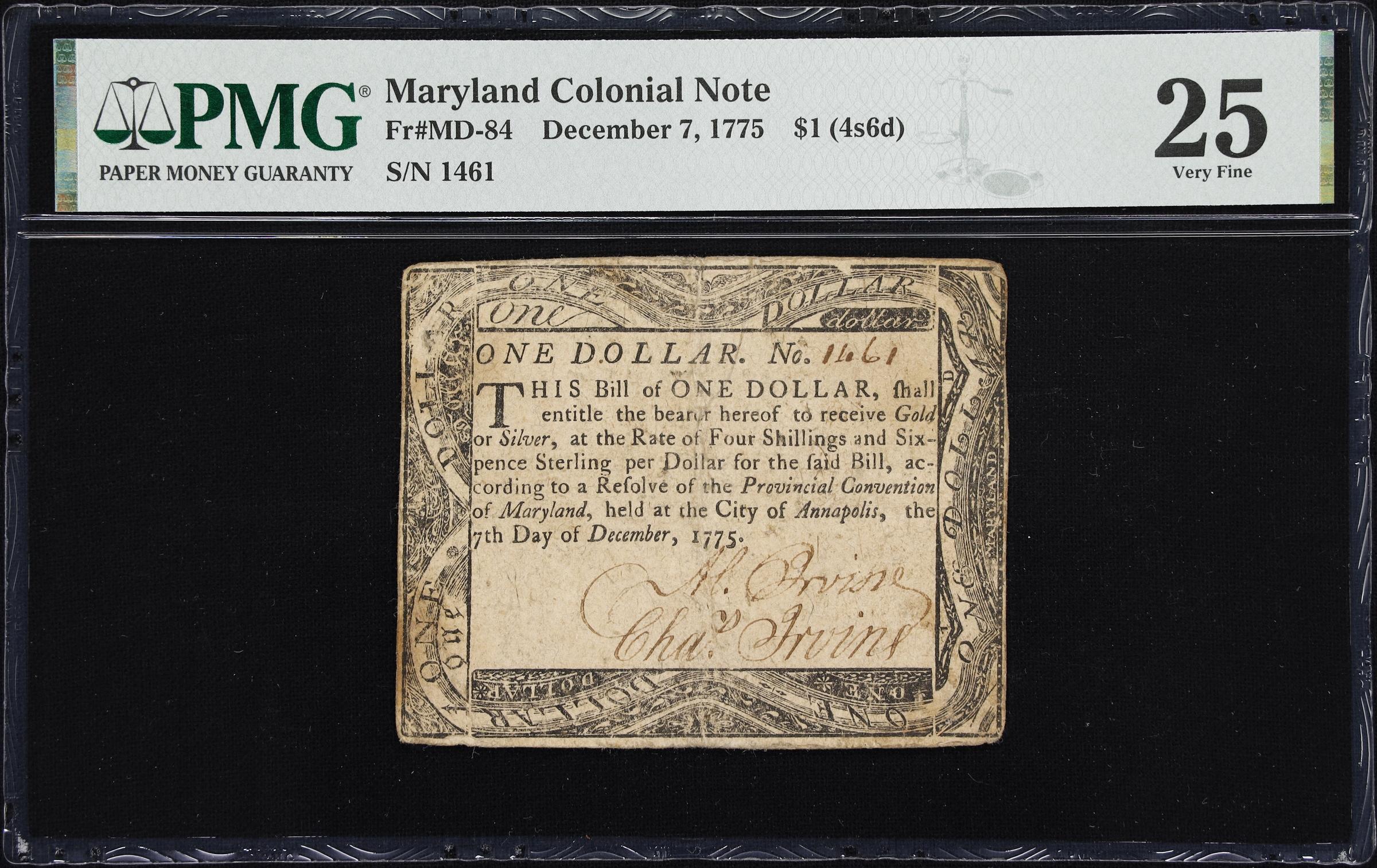 image for: MD-84. Maryland. December 7, 1775. $1. PMG Very Fine 25.