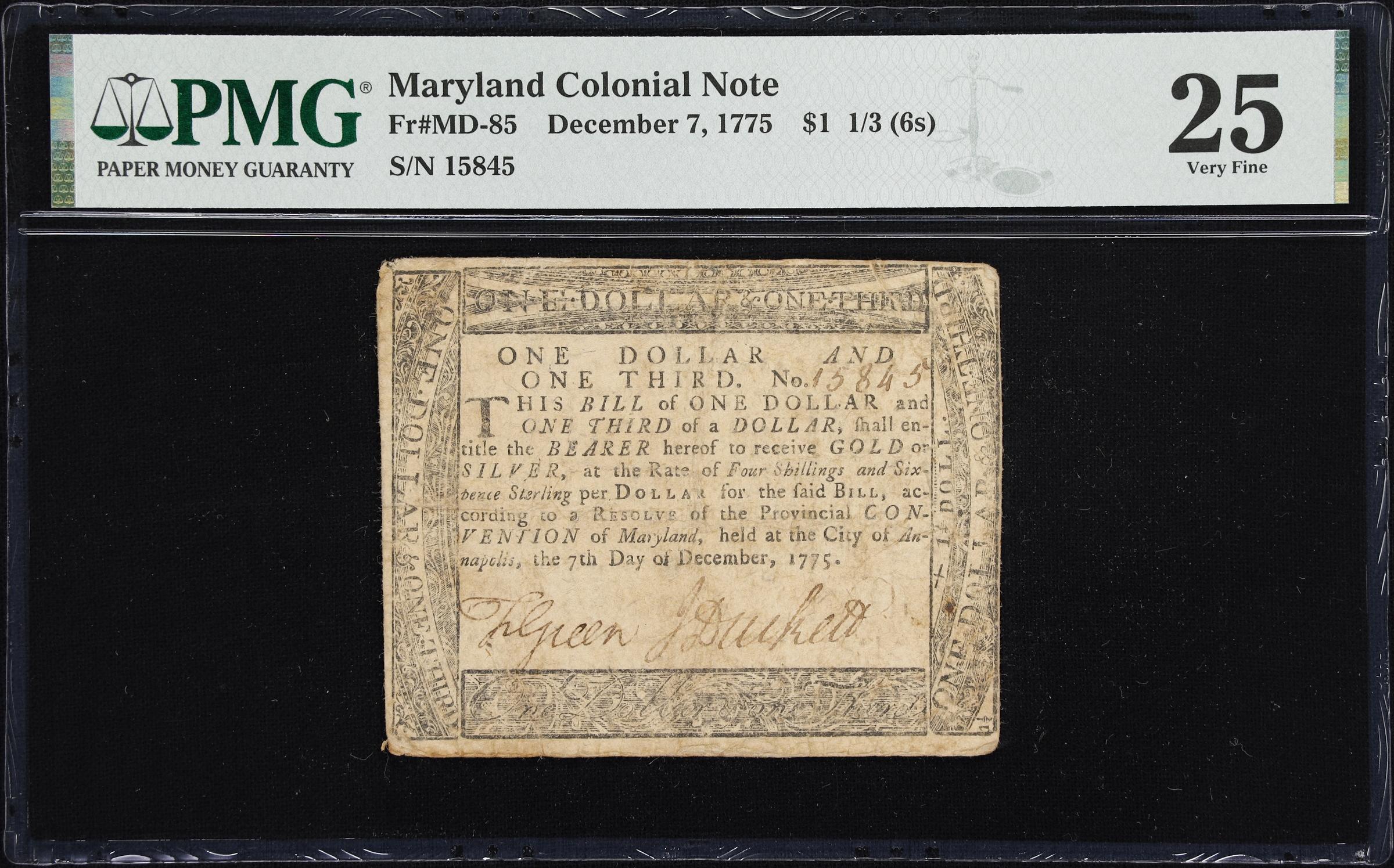 image for: MD-85. Maryland. December 7, 1775. $1 1/3. PMG Very Fine 25.