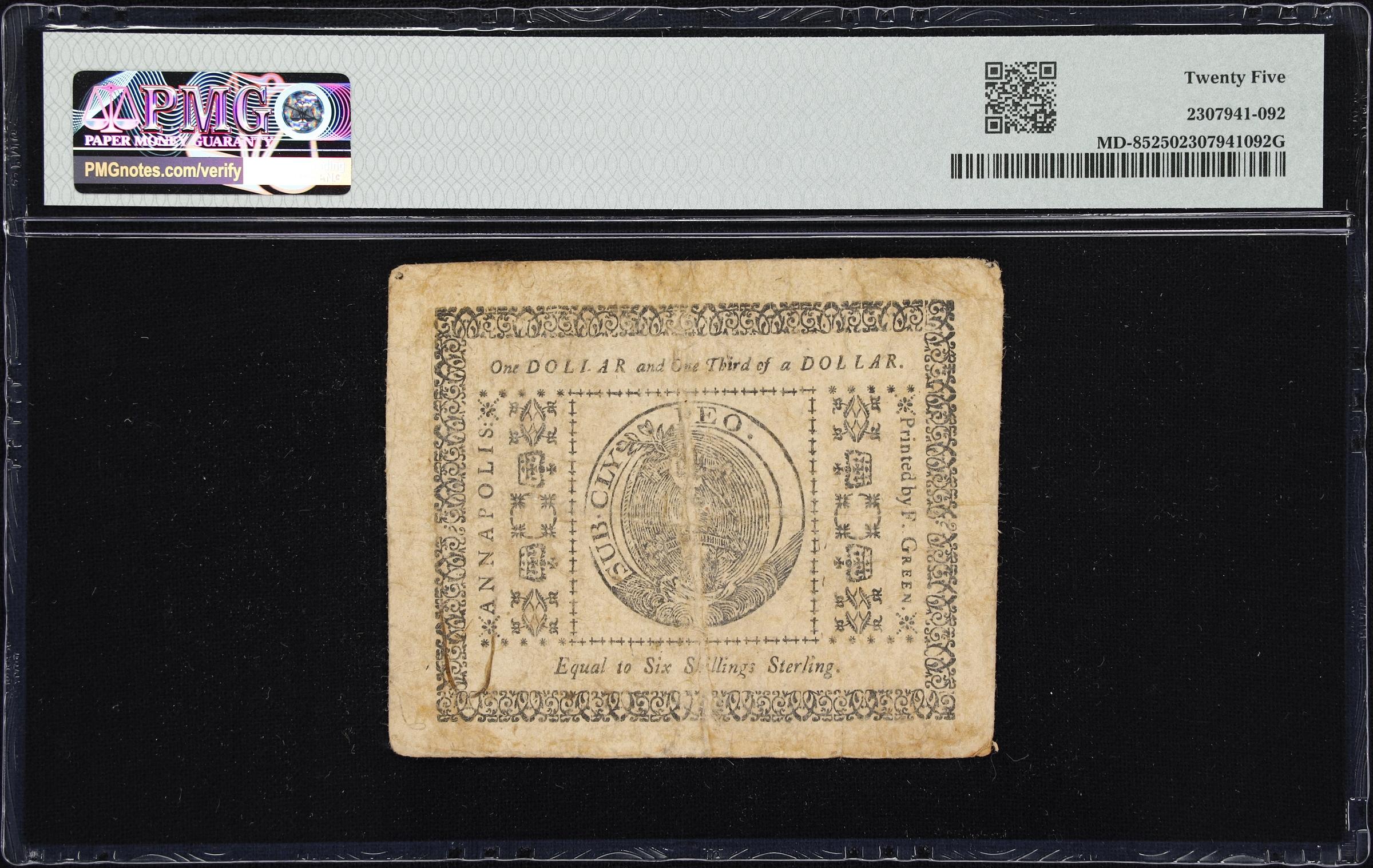 image for: MD-85. Maryland. December 7, 1775. $1 1/3. PMG Very Fine 25.