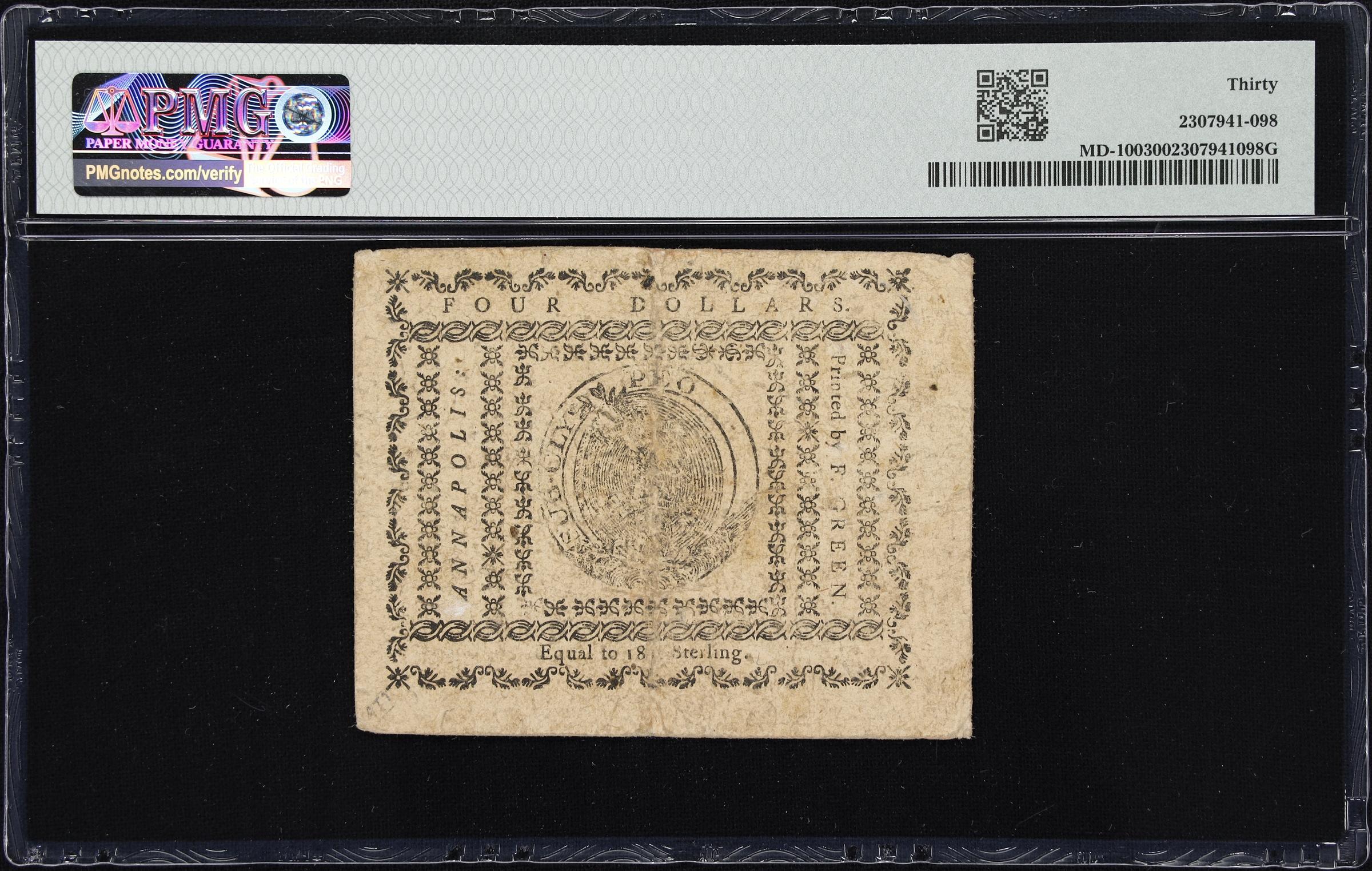 image for: MD-100. Maryland. August 14, 1776. $4. PMG Very Fine 30.