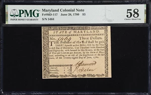 image for: MD-117. Maryland. June 28, 1780. $3. PMG Choice About Uncirculated 58.