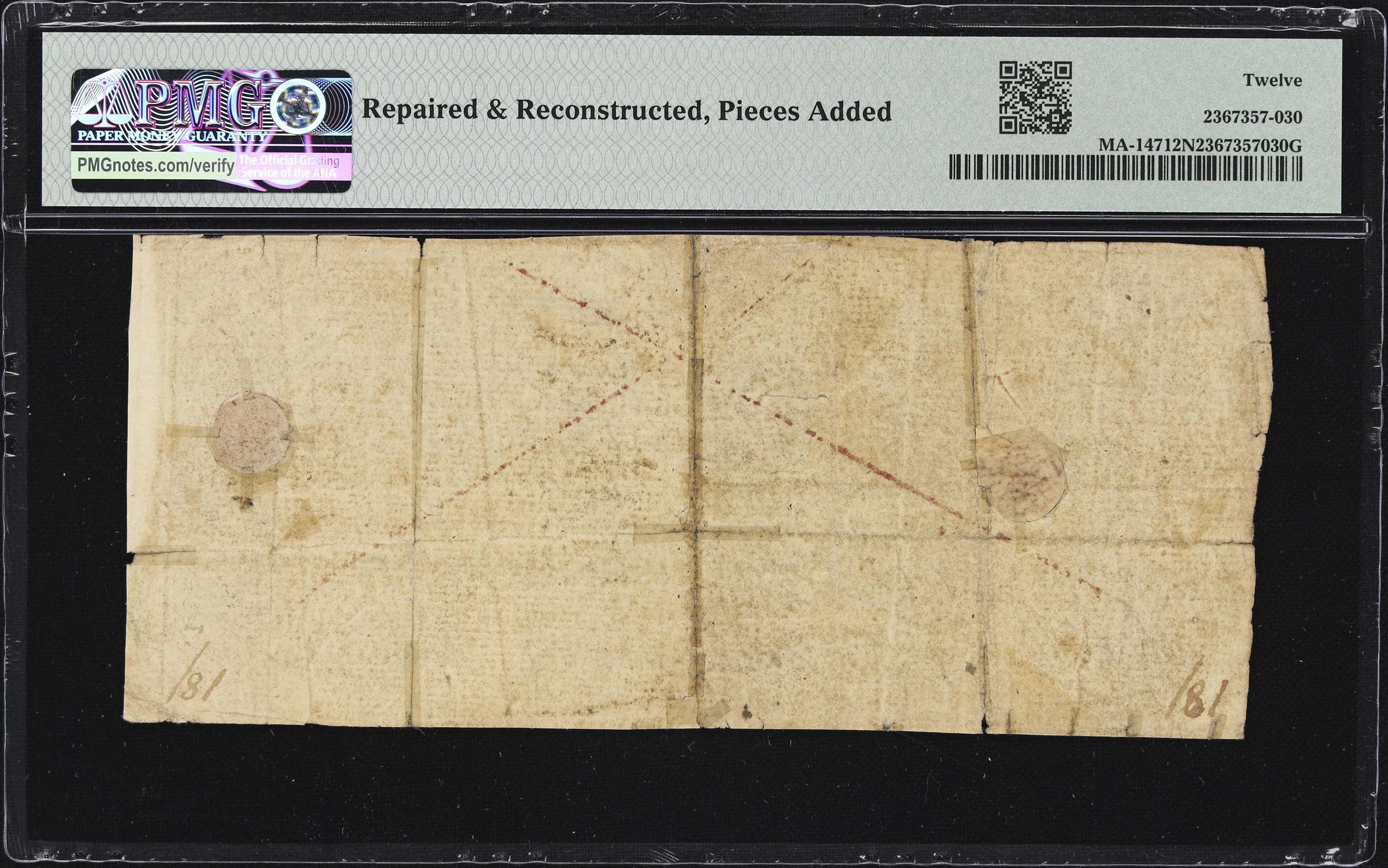 image for: MA-147. Massachusetts. May 25, 1775. 18 Shillings. PMG Fine 12 Net. Repaired & Reconstructed, Pieces Added.