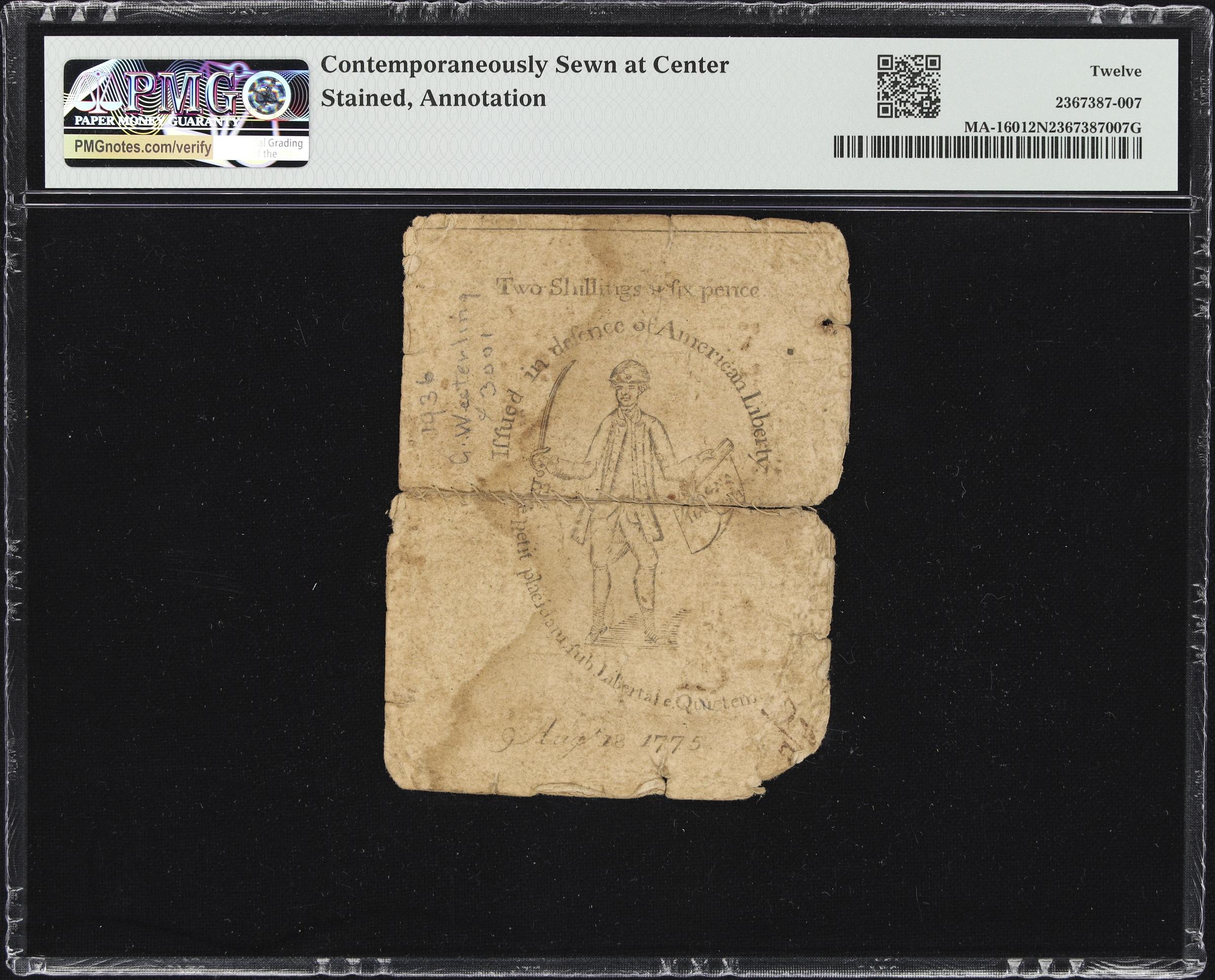 image for: MA-160. Massachusetts. August 18, 1775. 2 Shillings, 6 Pence. PMG Fine 12 Net. Contemporaneously Sewn at Center, Stained, Annotation.