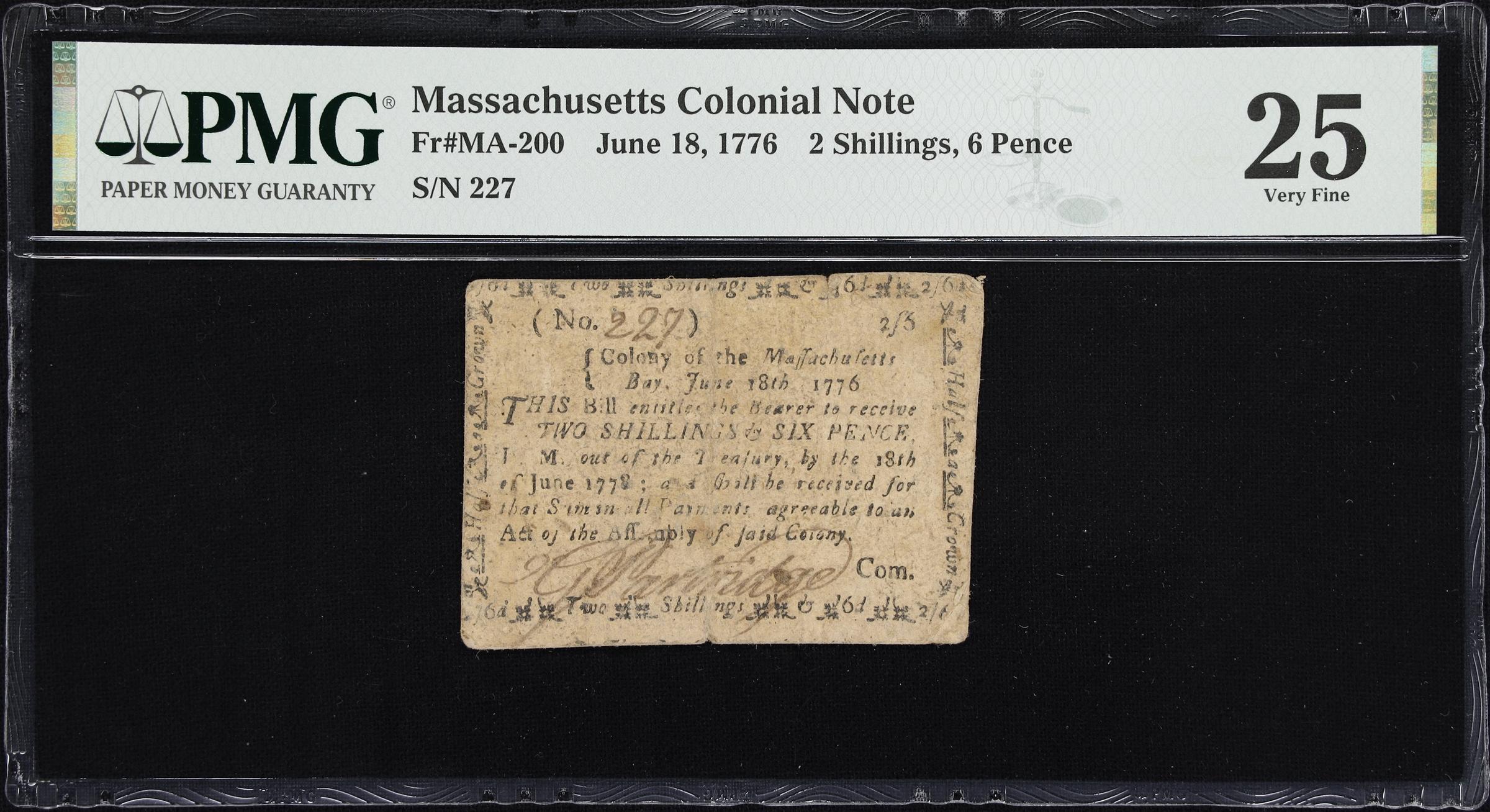 image for: MA-200. Massachusetts. June 18, 1776. 2 Shillings, 6 Pence. PMG Very Fine 25.