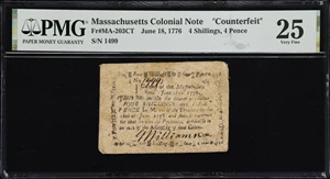 image for: MA-203CT. Massachusetts. June 18, 1776. 4 Shillings, 4 Pence. PMG Very Fine 25. Counterfeit.