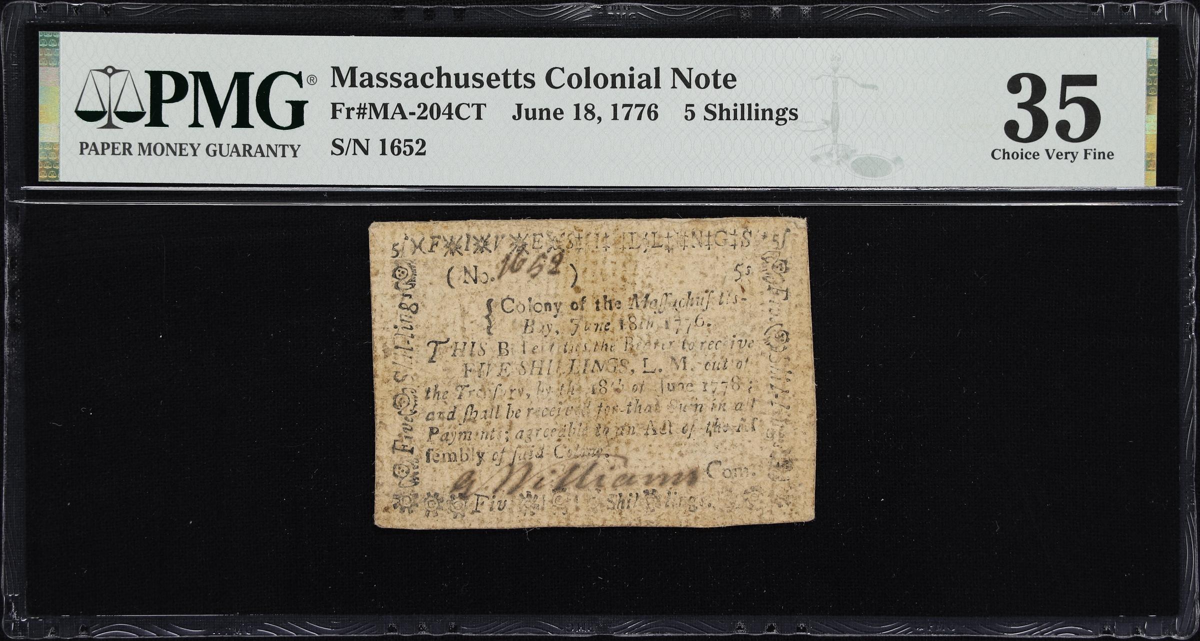 image for: MA-204CT. Massachusetts. June 18, 1776. 5 Shillings. PMG Choice Very Fine 35. Counterfeit.