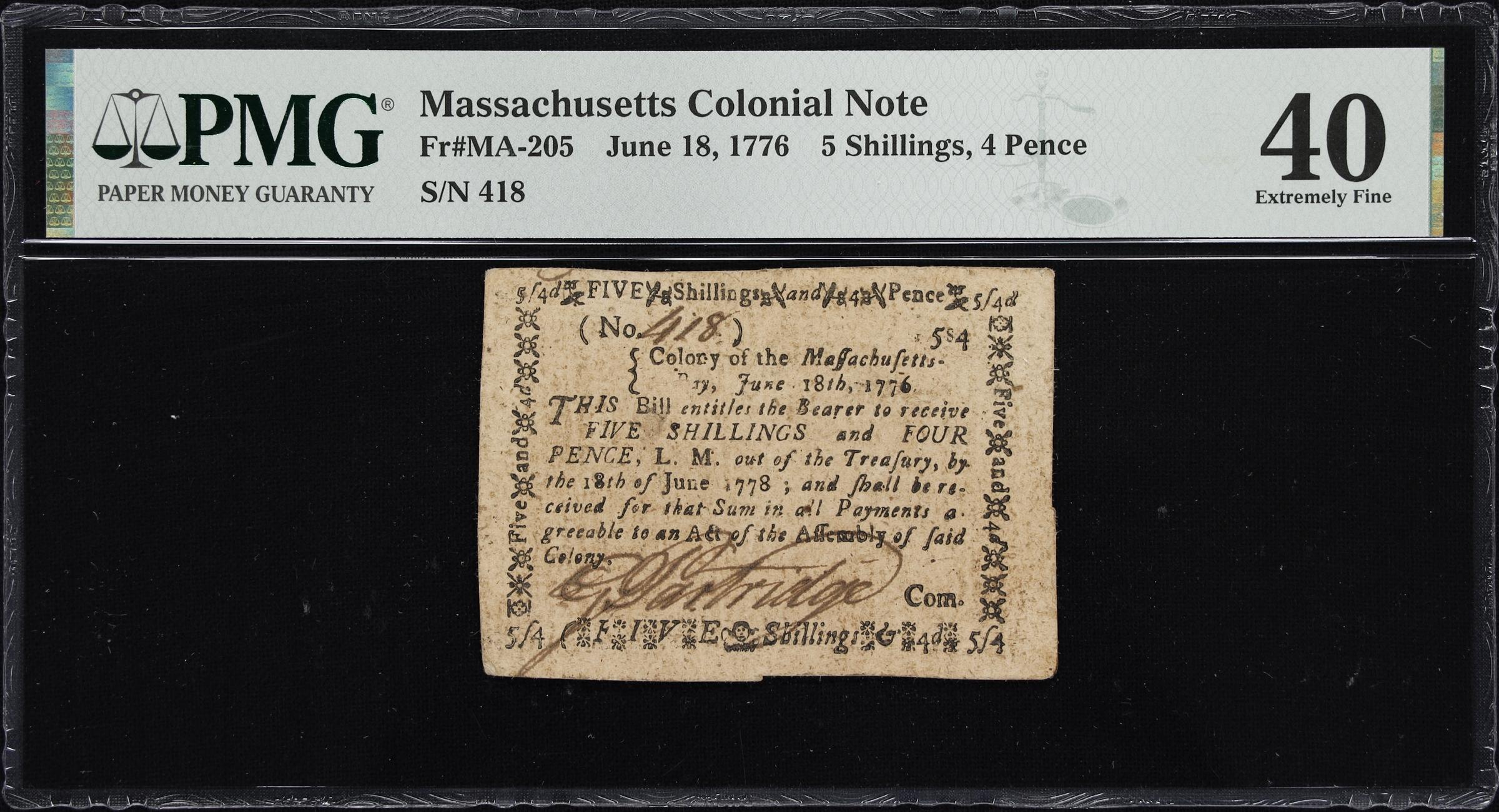 image for: MA-205. Massachusetts. June 18, 1776. 5 Shillings, 4 Pence. PMG Extremely Fine 40.