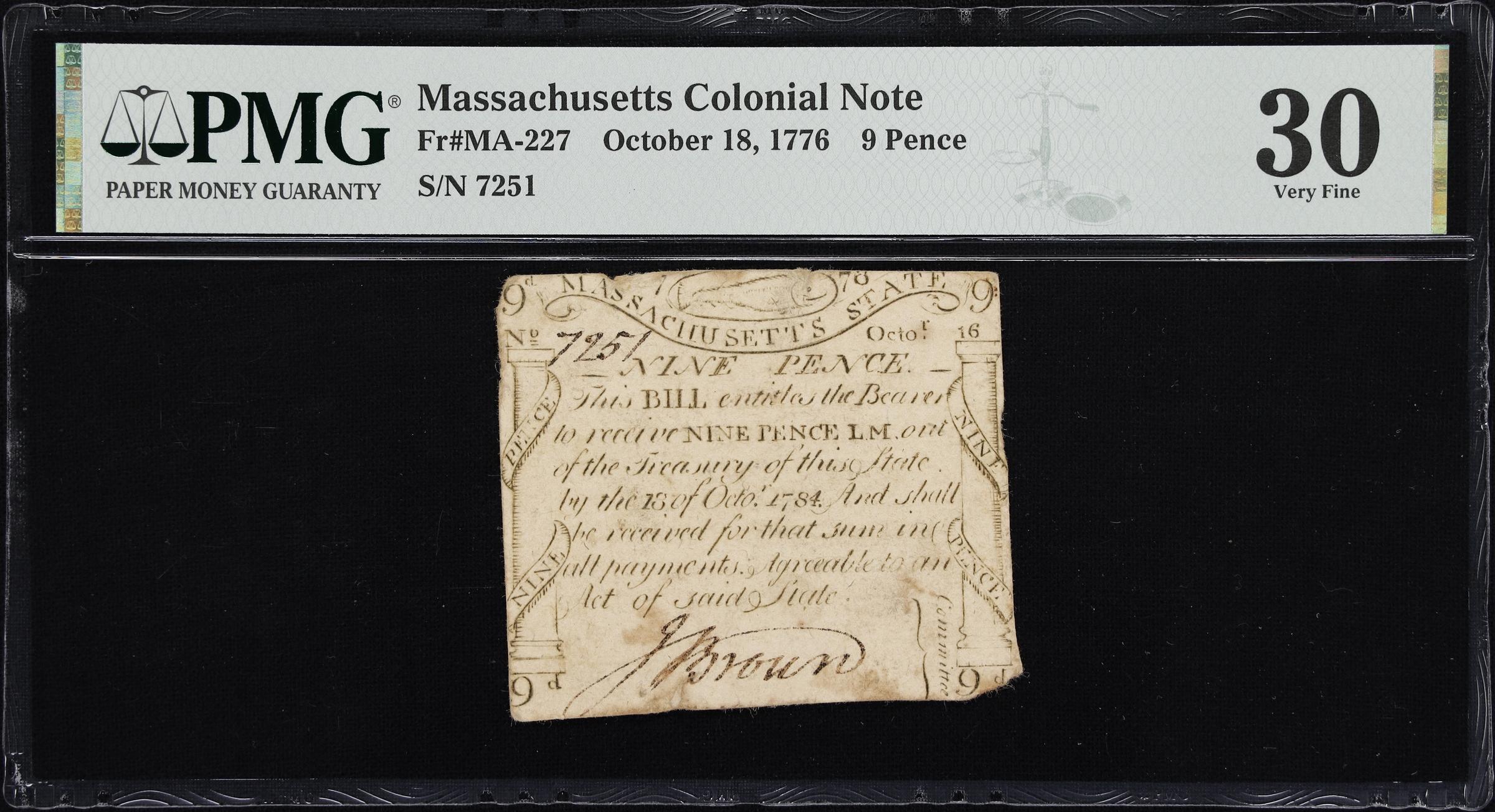 image for: MA-227. Massachusetts. October 18, 1776. 9 Pence. PMG Very Fine 30.