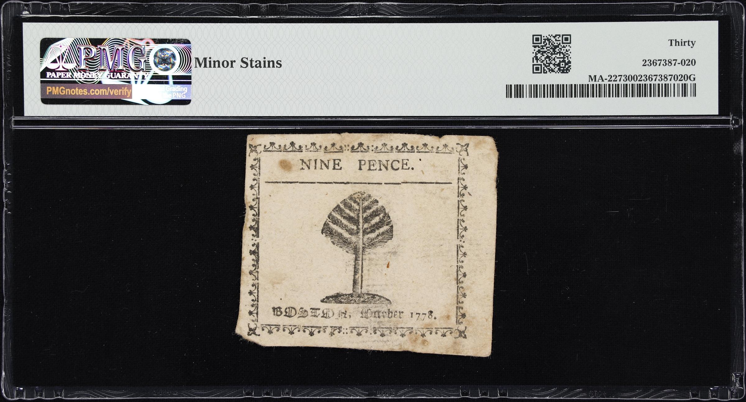 image for: MA-227. Massachusetts. October 18, 1776. 9 Pence. PMG Very Fine 30.