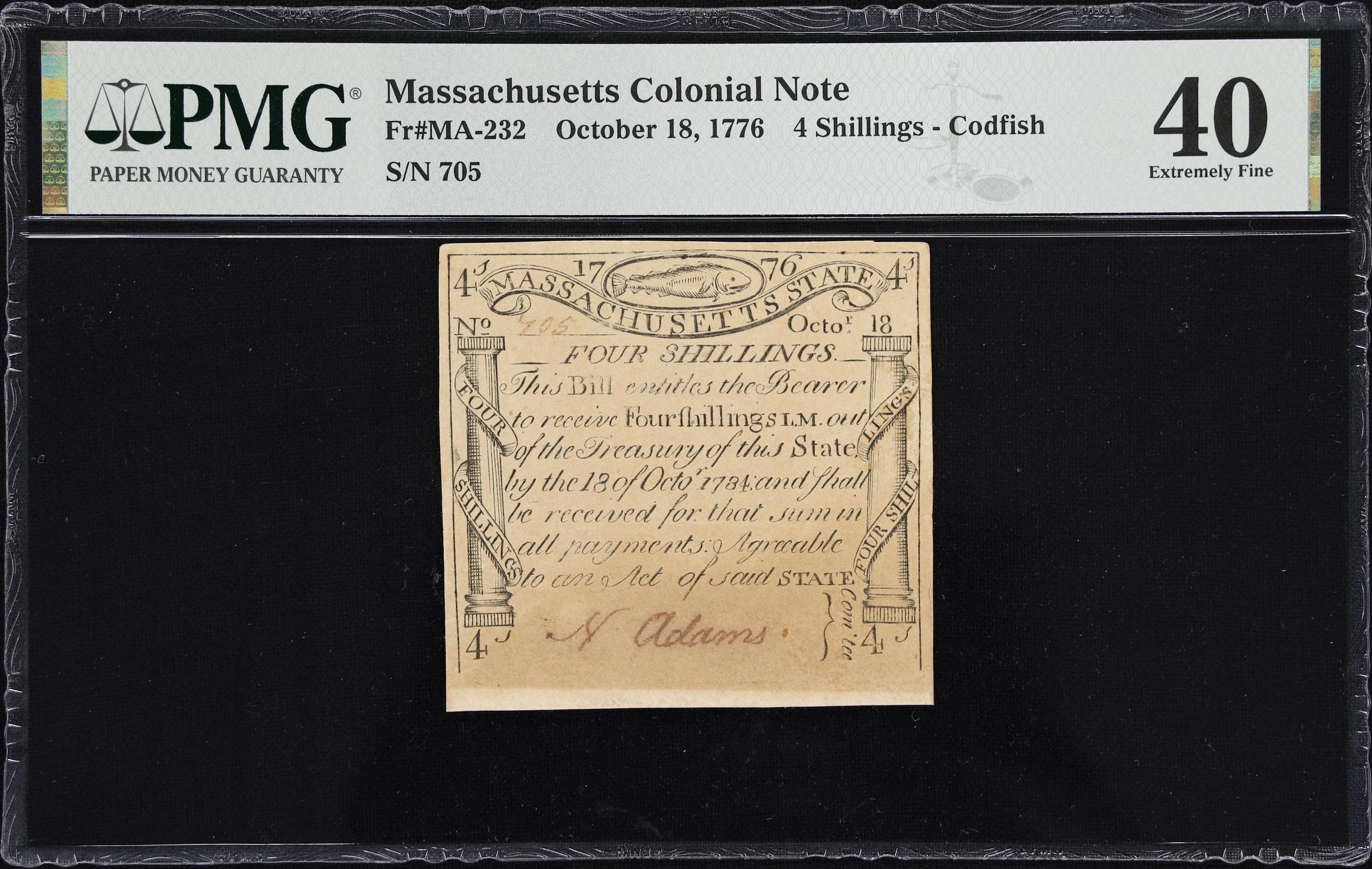 image for: MA-232. Massachusetts. October 18, 1776. 4 Shillings. PMG Extremely Fine 40.