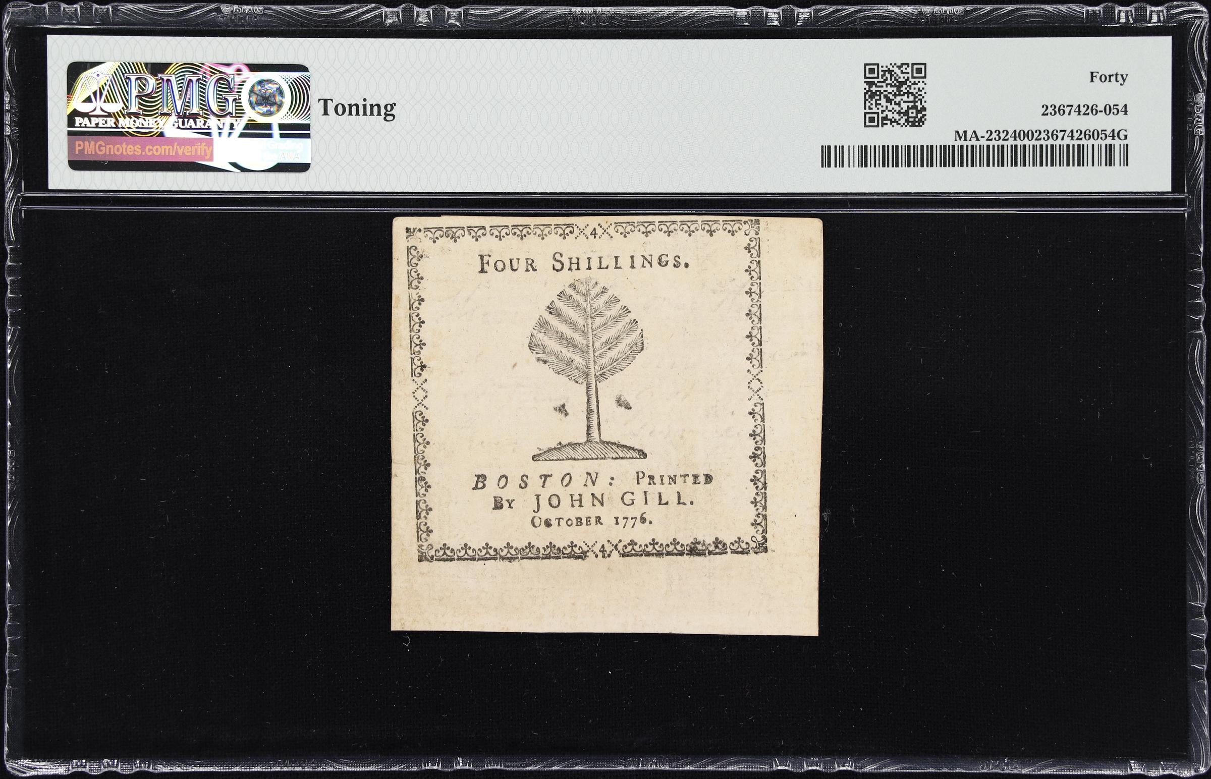 image for: MA-232. Massachusetts. October 18, 1776. 4 Shillings. PMG Extremely Fine 40.