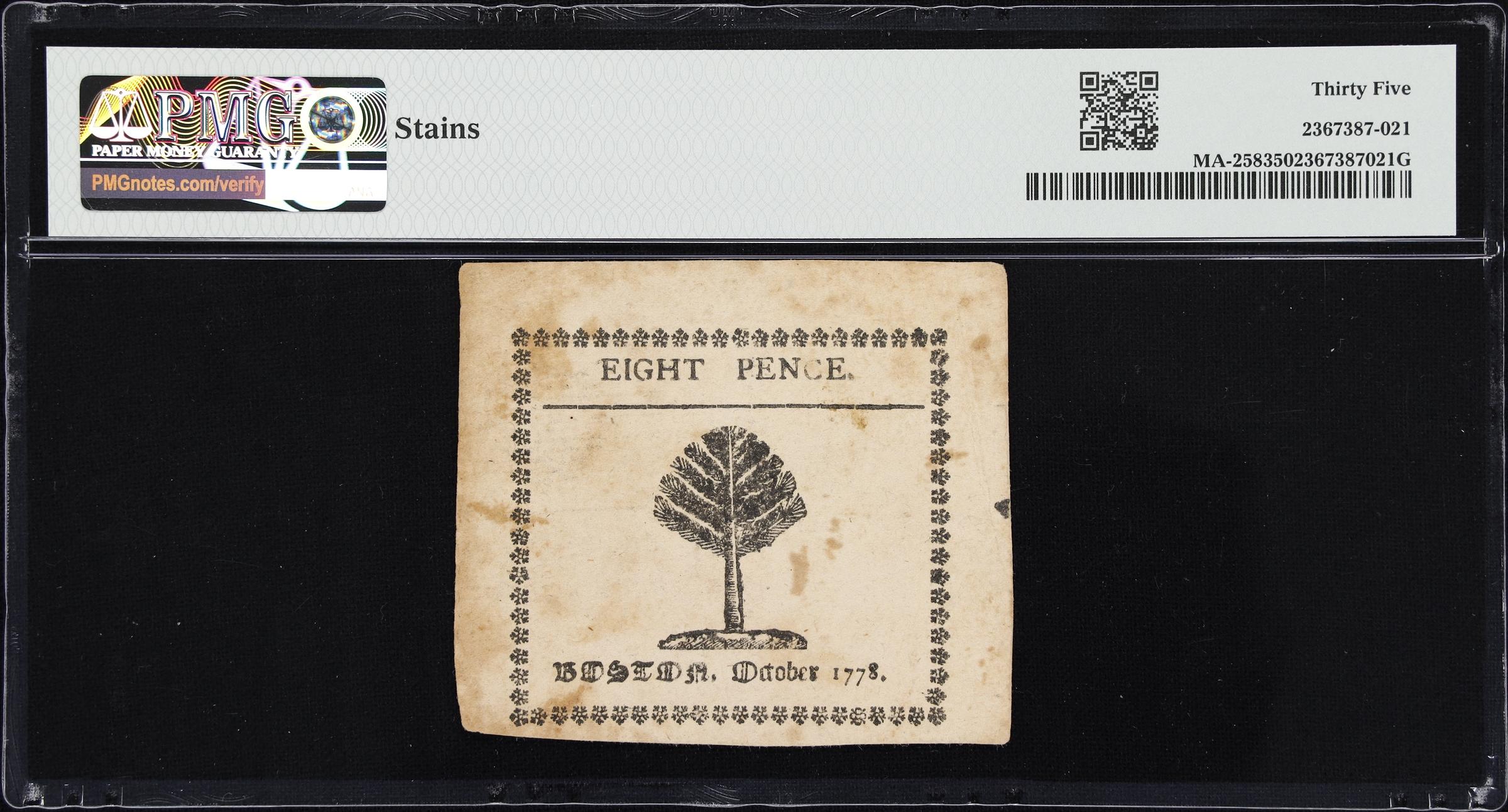 image for: MA-258. Massachusetts. October 16, 1778. 8 Pence. PMG Choice Very Fine 35.