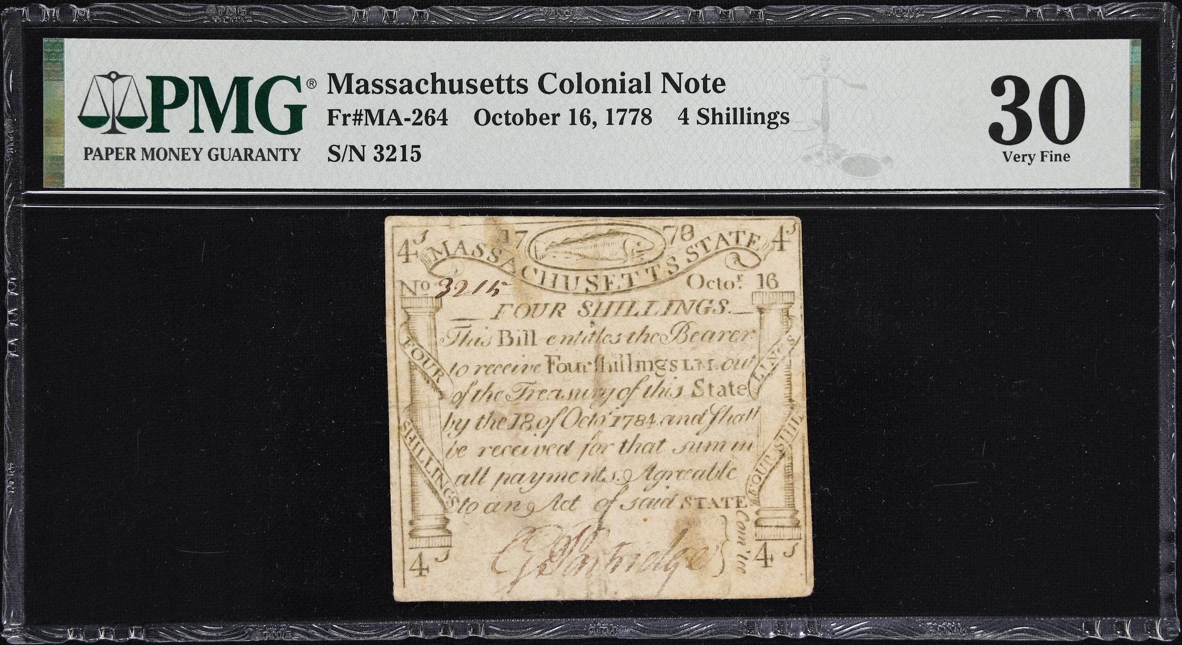 image for: MA-264. Massachusetts. October 16, 1778. 4 Shillings. PMG Very Fine 30.
