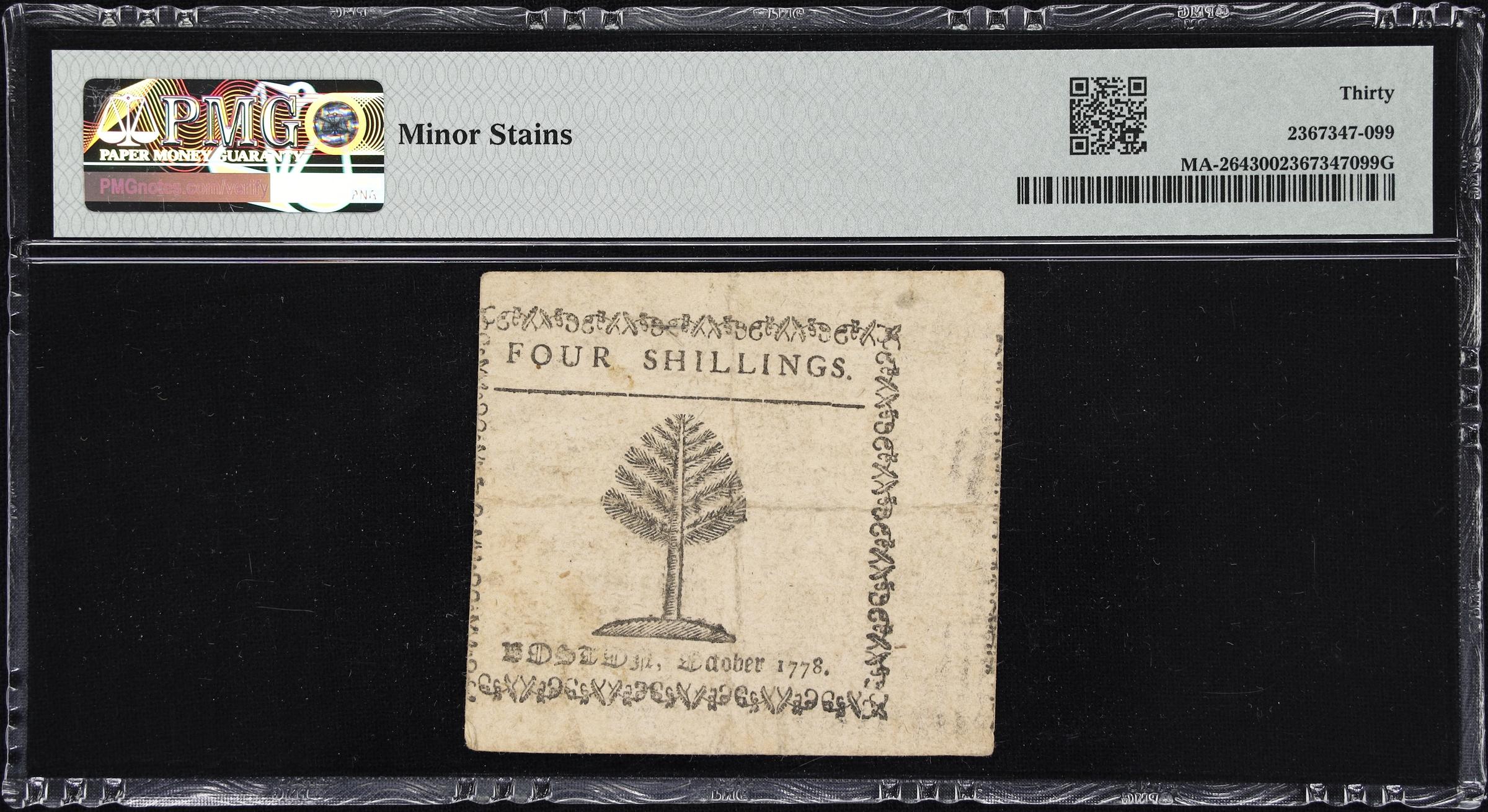 image for: MA-264. Massachusetts. October 16, 1778. 4 Shillings. PMG Very Fine 30.