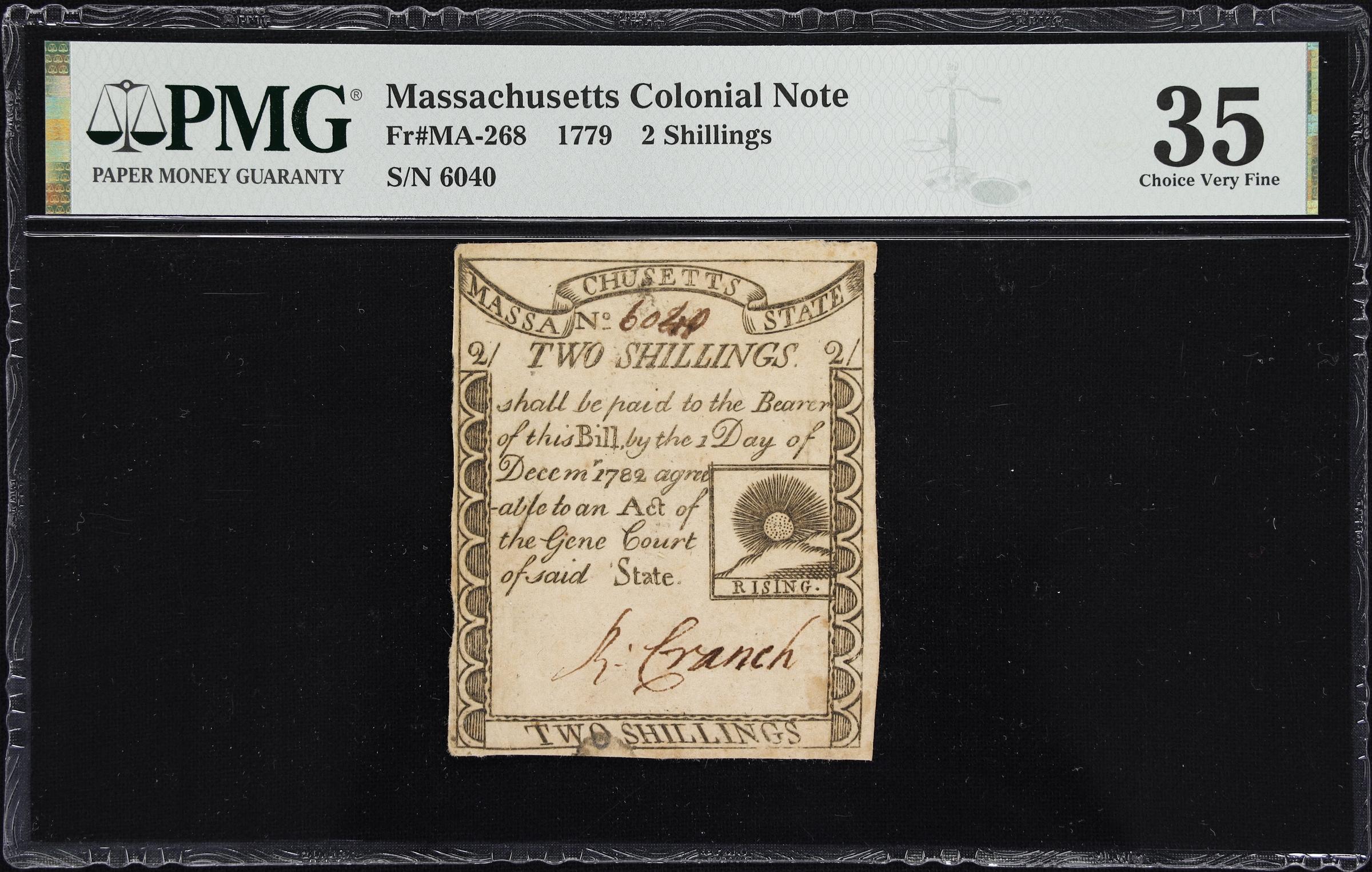 image for: MA-268. Massachusetts. 1779. 2 Shillings. PMG Choice Very Fine 35.
