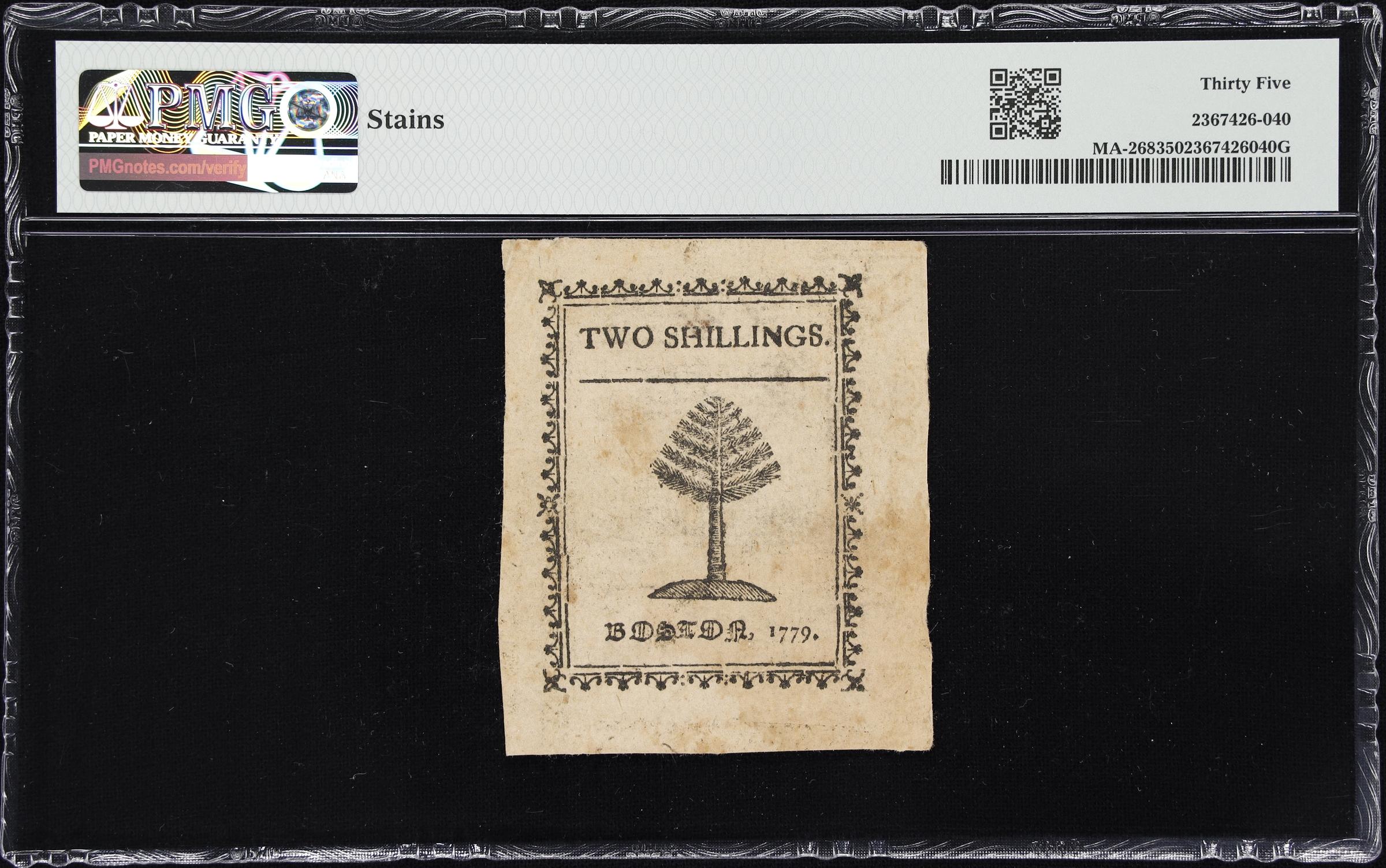 image for: MA-268. Massachusetts. 1779. 2 Shillings. PMG Choice Very Fine 35.