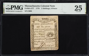 image for: MA-277. Massachusetts. 1779. 5 Shillings, 6 Pence. PMG Very Fine 25.