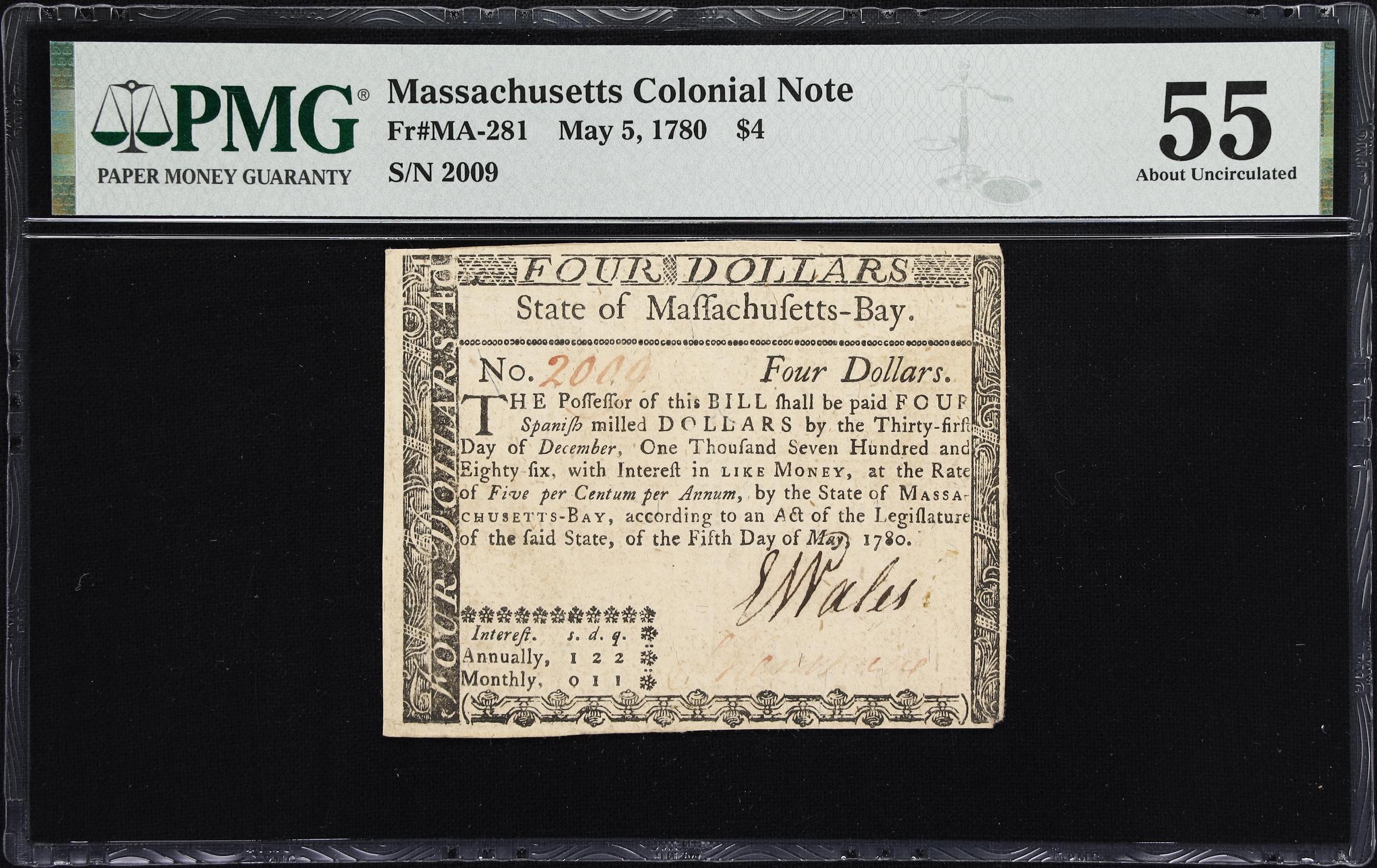 image for: MA-281. Massachusetts. May 5, 1780. $4. PMG About Uncirculated 55.