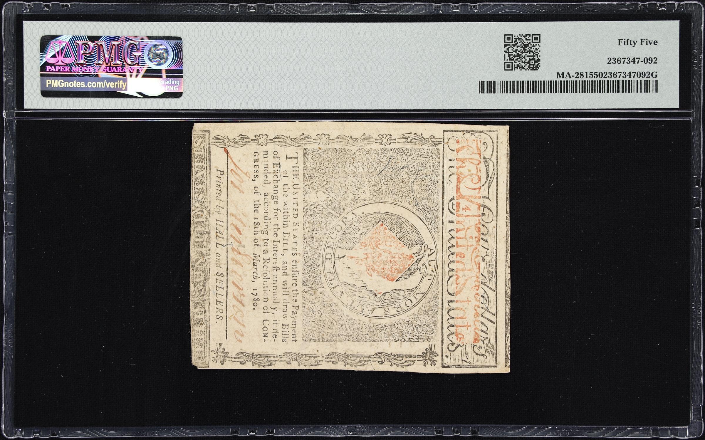 image for: MA-281. Massachusetts. May 5, 1780. $4. PMG About Uncirculated 55.