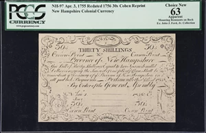 image for: NH-97. New Hampshire. April 3, 1755 (Redated 1756). 30 Shillings. PCGS Currency Choice New 63 Apparent. Mounting Remnants on Back. Cohen Reprint.