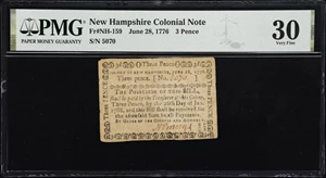 image for: NH-159. New Hampshire. June 28, 1776. 3 Pence. PMG Very Fine 30.