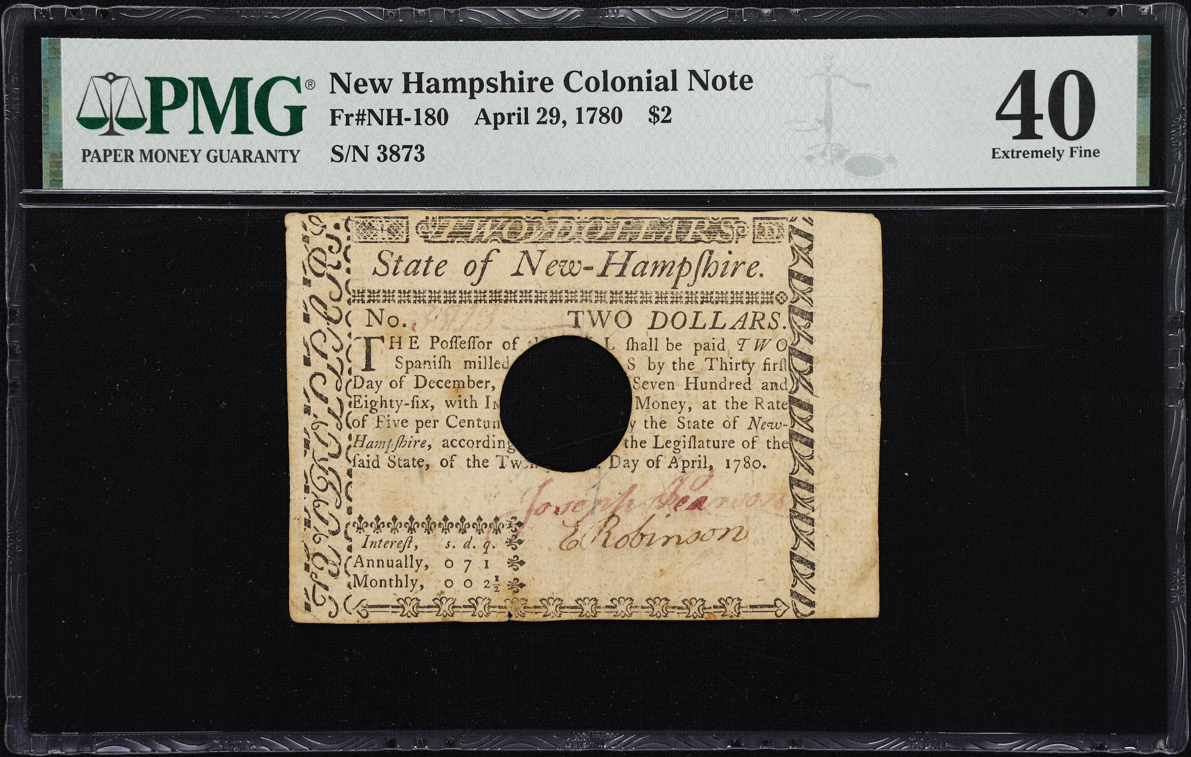 image for: NH-180. New Hampshire. April 29, 1780. $2. PMG Extremely Fine 40.