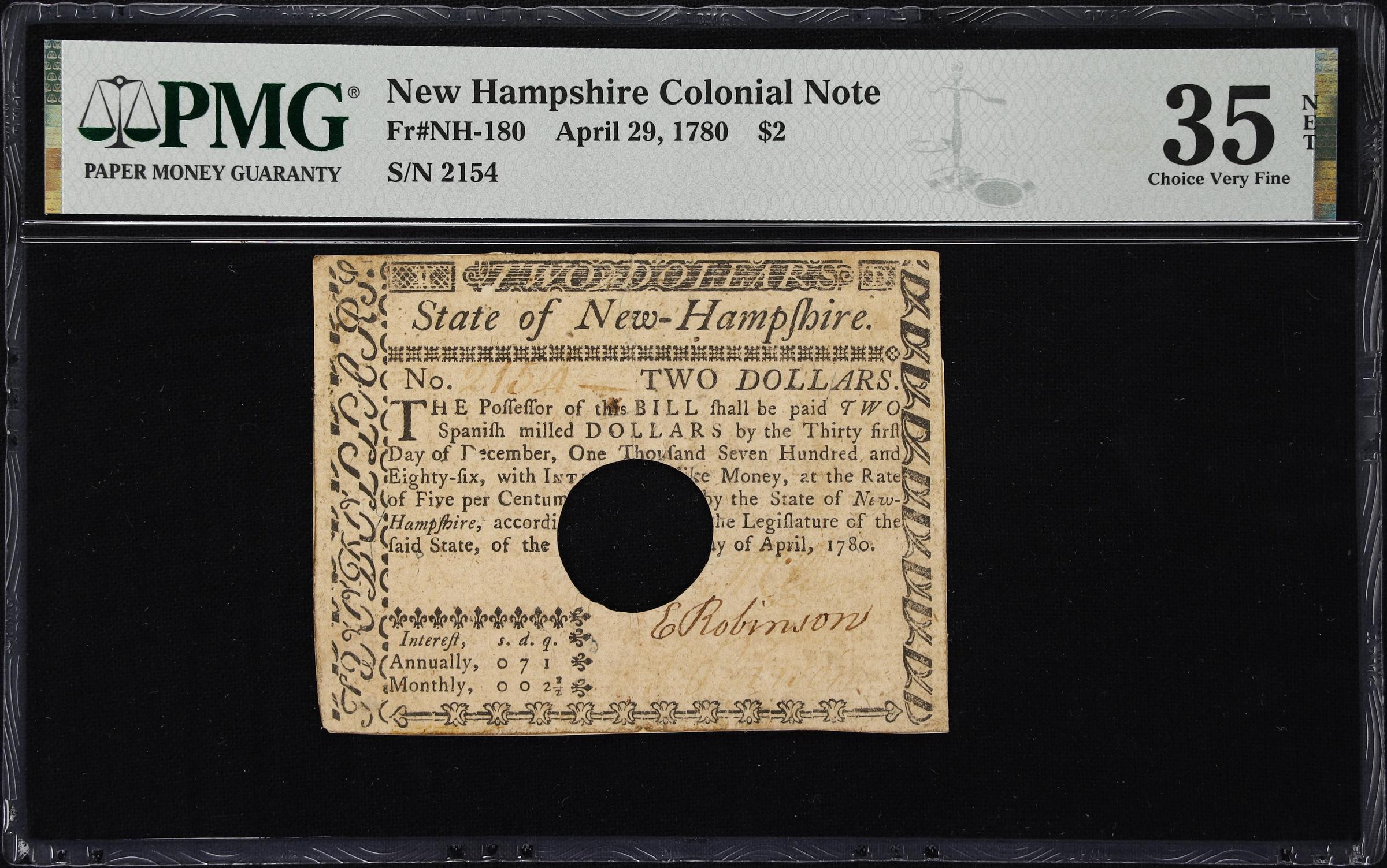 image for: NH-180. New Hampshire. April 29, 1780. $2. PMG Choice Very Fine 35 Net. Previously Mounted, Mounting Remnants Attached. Cancelled.