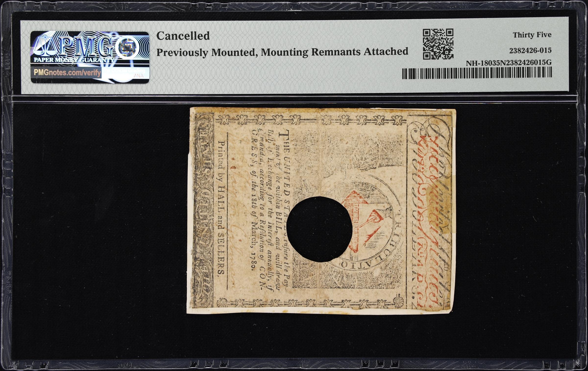 image for: NH-180. New Hampshire. April 29, 1780. $2. PMG Choice Very Fine 35 Net. Previously Mounted, Mounting Remnants Attached. Cancelled.