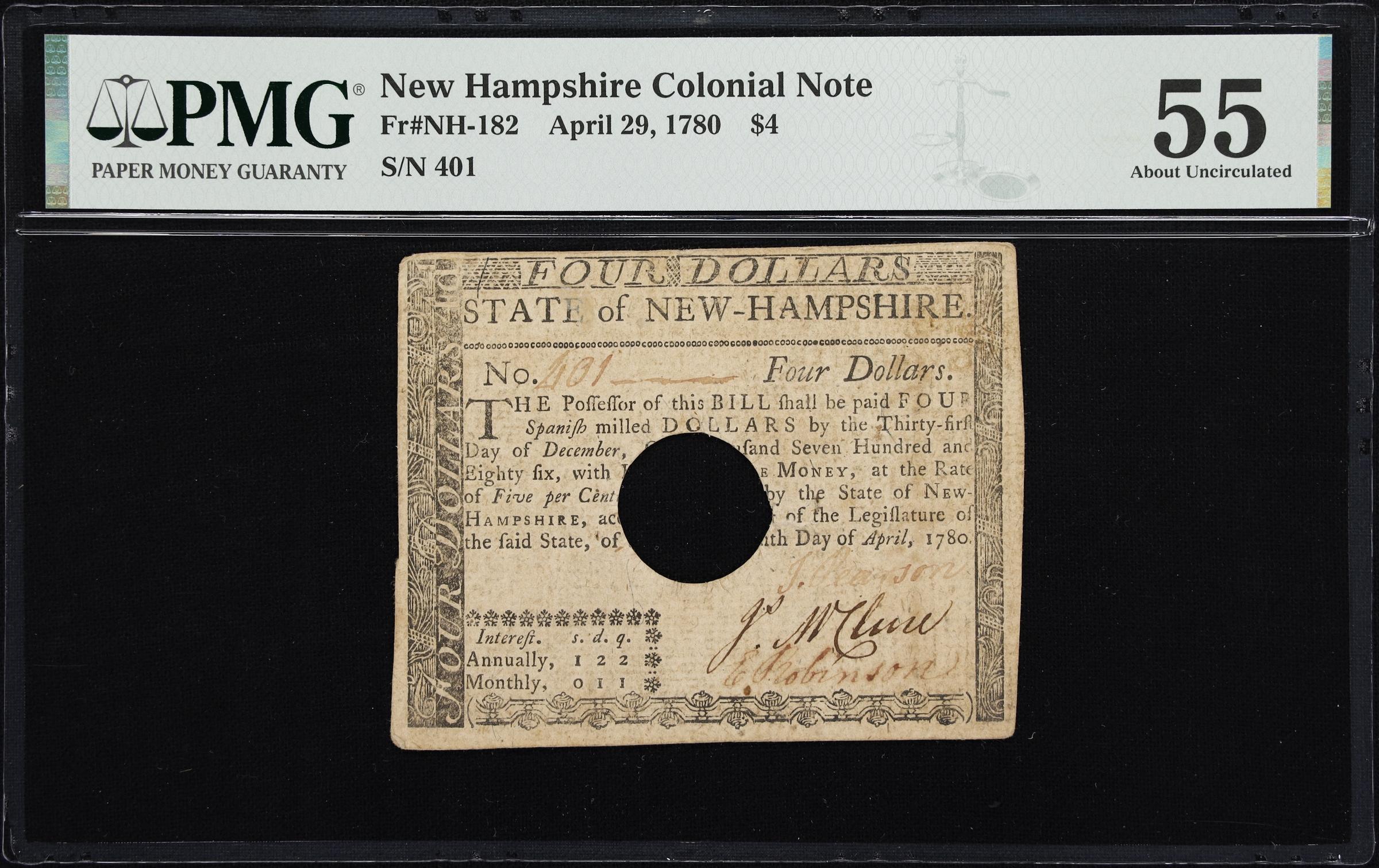 image for: NH-182. New Hampshire. April 29, 1780. $4. PMG About Uncirculated 55.