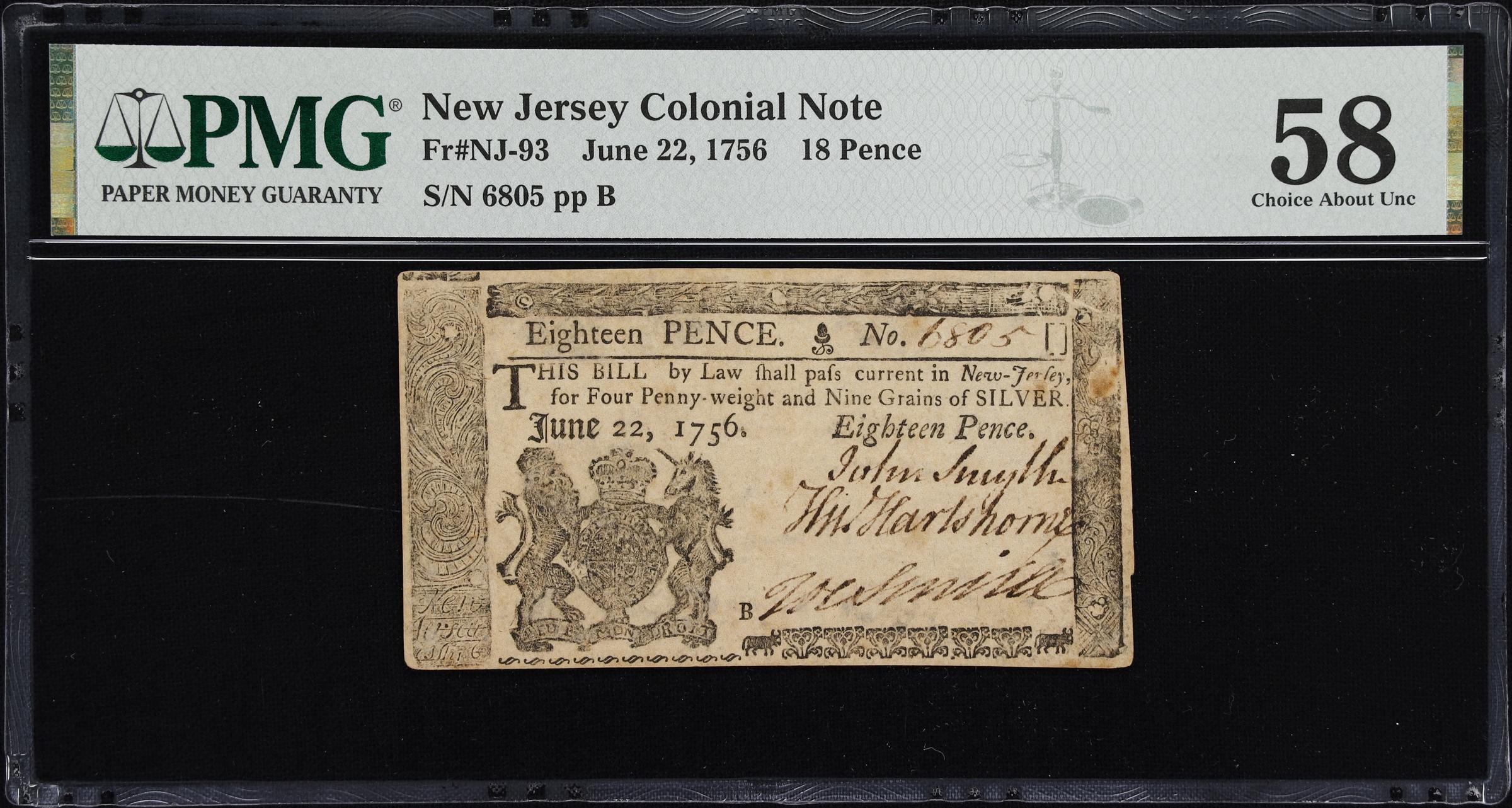 image for: NJ-93. New Jersey. June 22, 1756. 18 Pence. PMG Choice About Uncirculated 58.