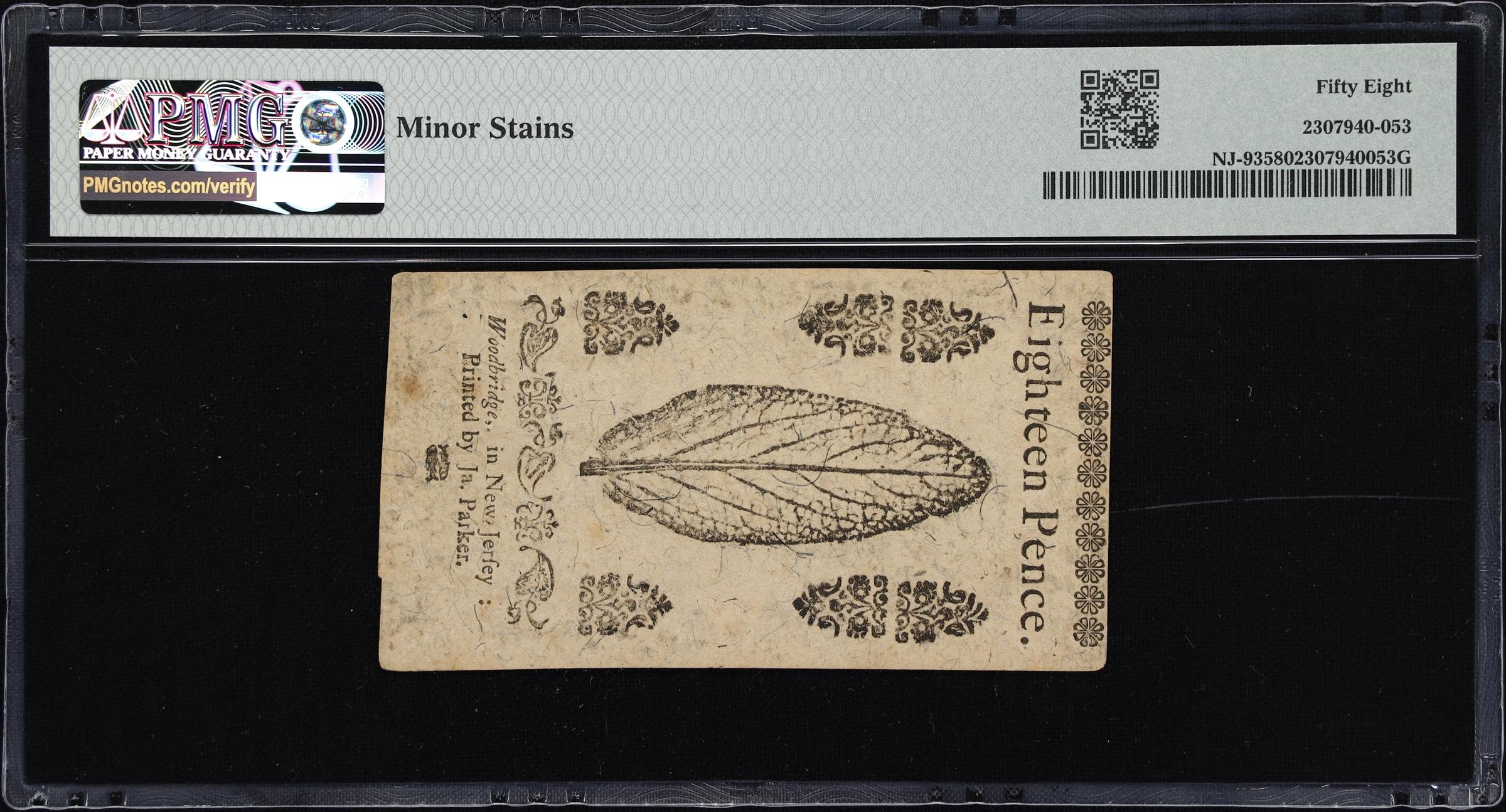 image for: NJ-93. New Jersey. June 22, 1756. 18 Pence. PMG Choice About Uncirculated 58.