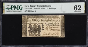 image for: NJ-97. New Jersey. June 22, 1756. 15 Shillings. PMG Uncirculated 62.