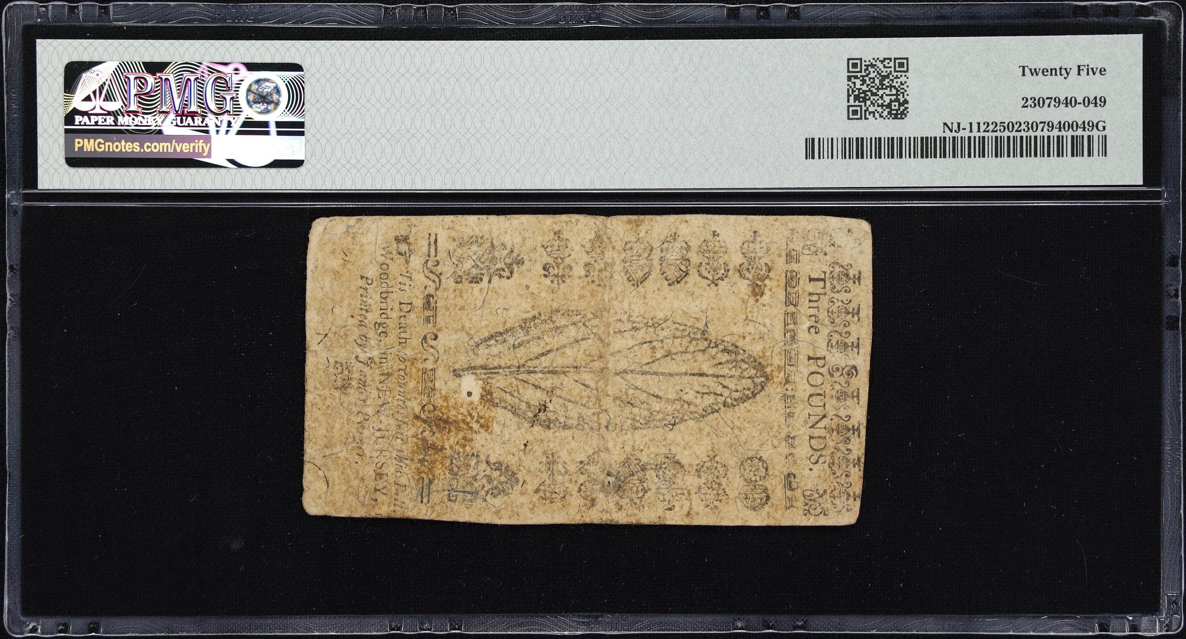 image for: NJ-112. New Jersey. November 20, 1757. 3 Pounds. PMG Very Fine 25.