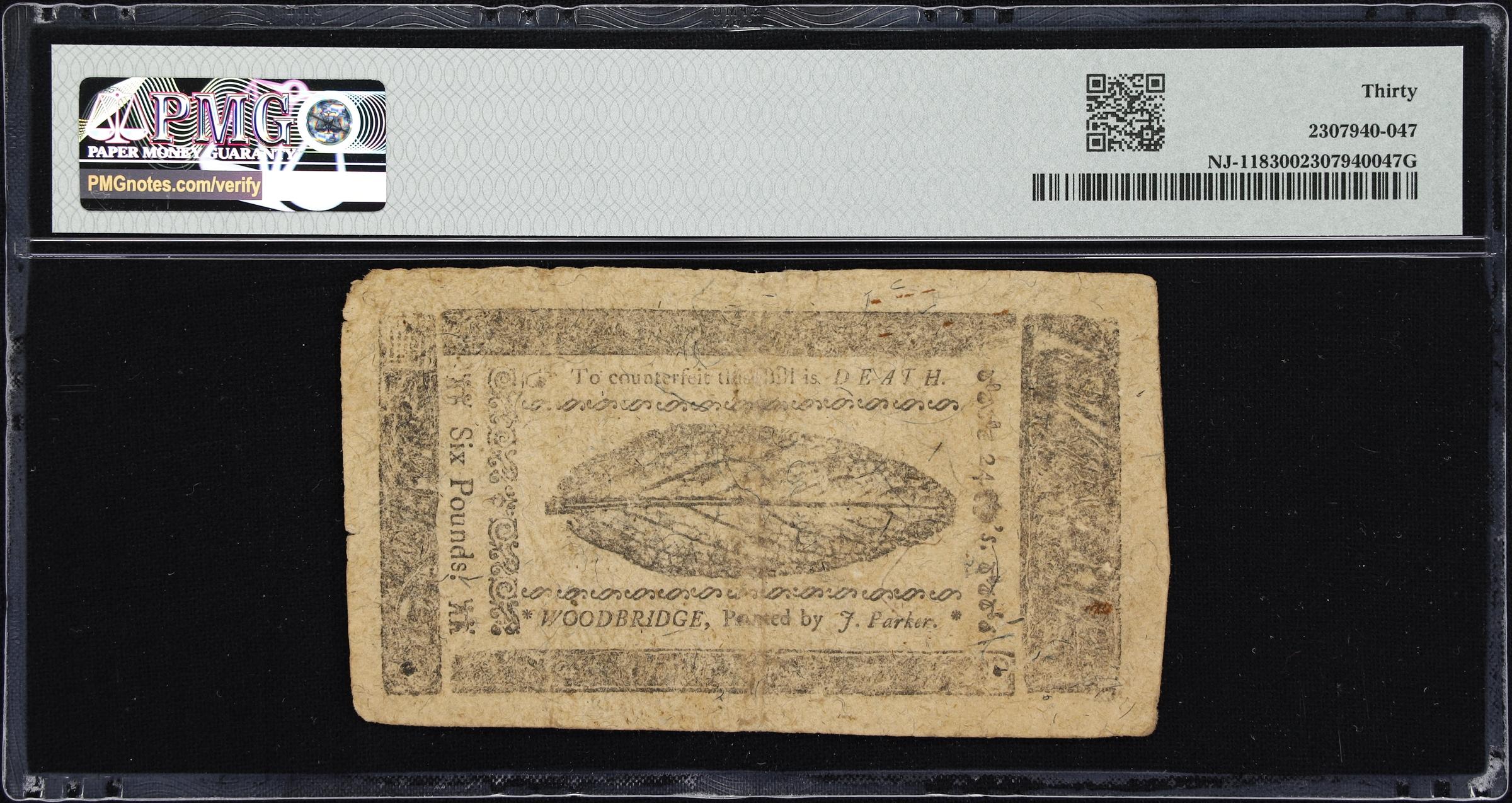 image for: NJ-118. New Jersey. May 1, 1758. 6 Pounds. PMG Very Fine 30.