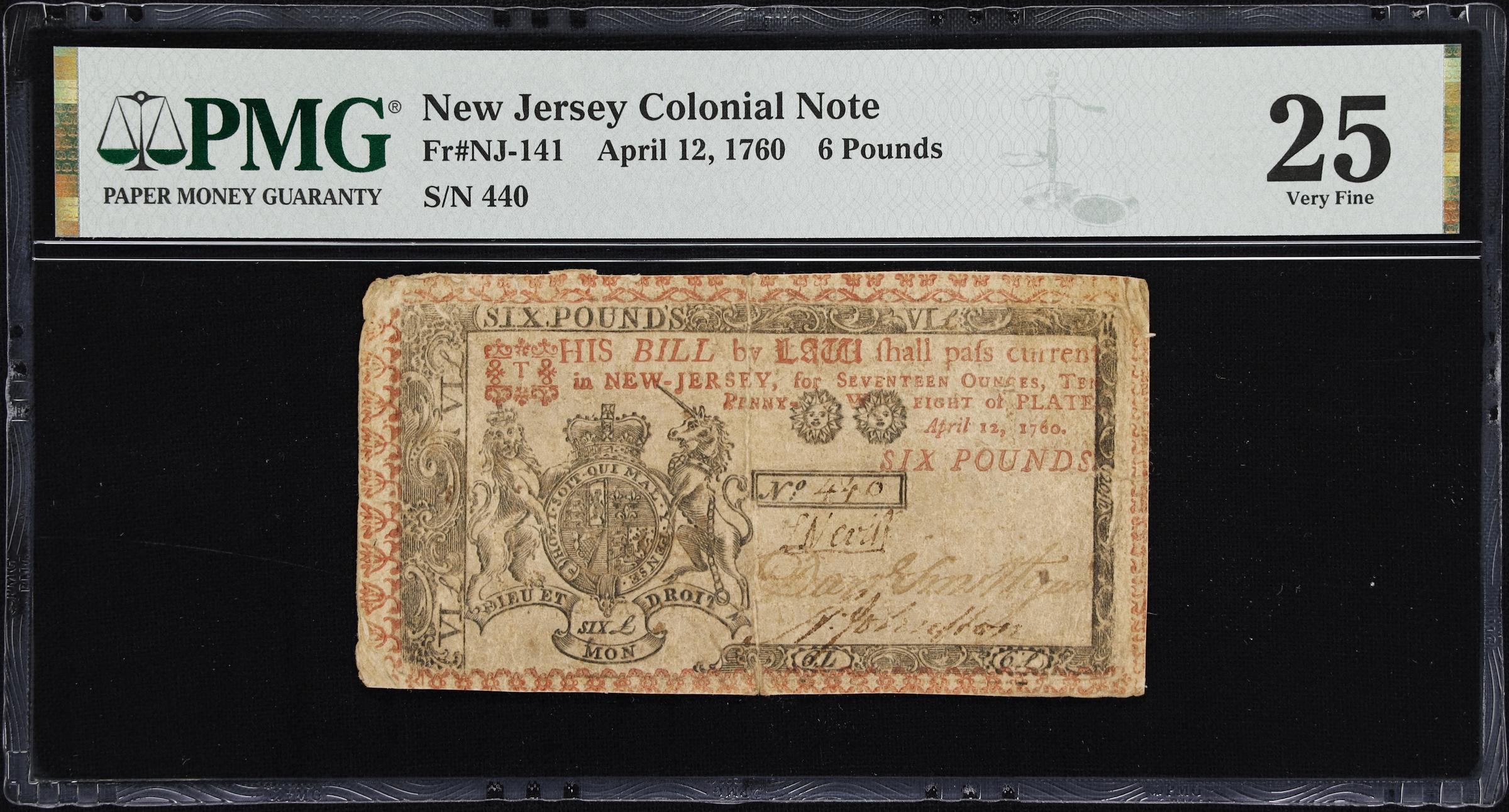 image for: NJ-141. New Jersey. April 12, 1760. 6 Pounds. PMG Very Fine 25.