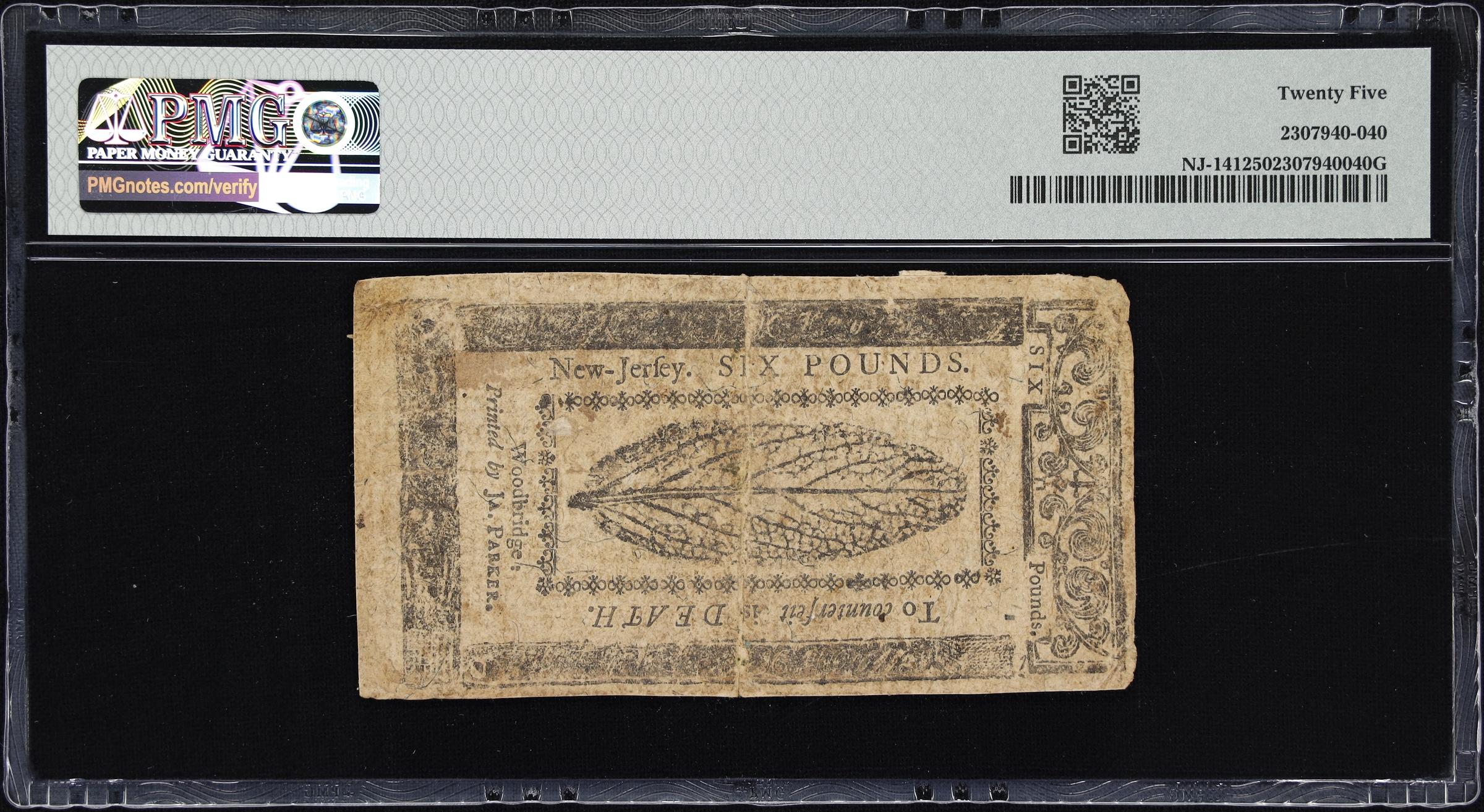 image for: NJ-141. New Jersey. April 12, 1760. 6 Pounds. PMG Very Fine 25.