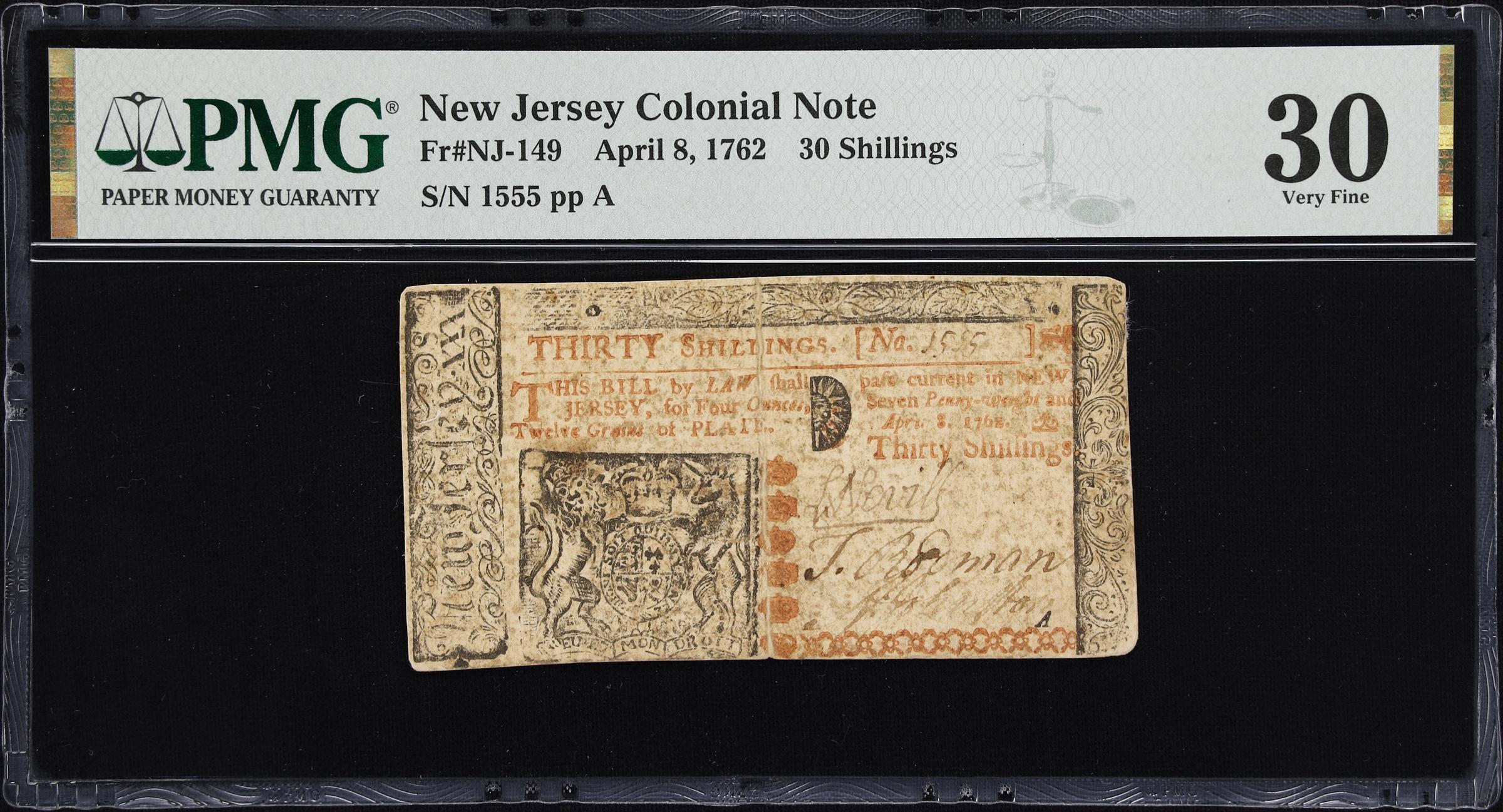 image for: NJ-149. New Jersey. April 8, 1762. 30 Shillings. PMG Very Fine 30.